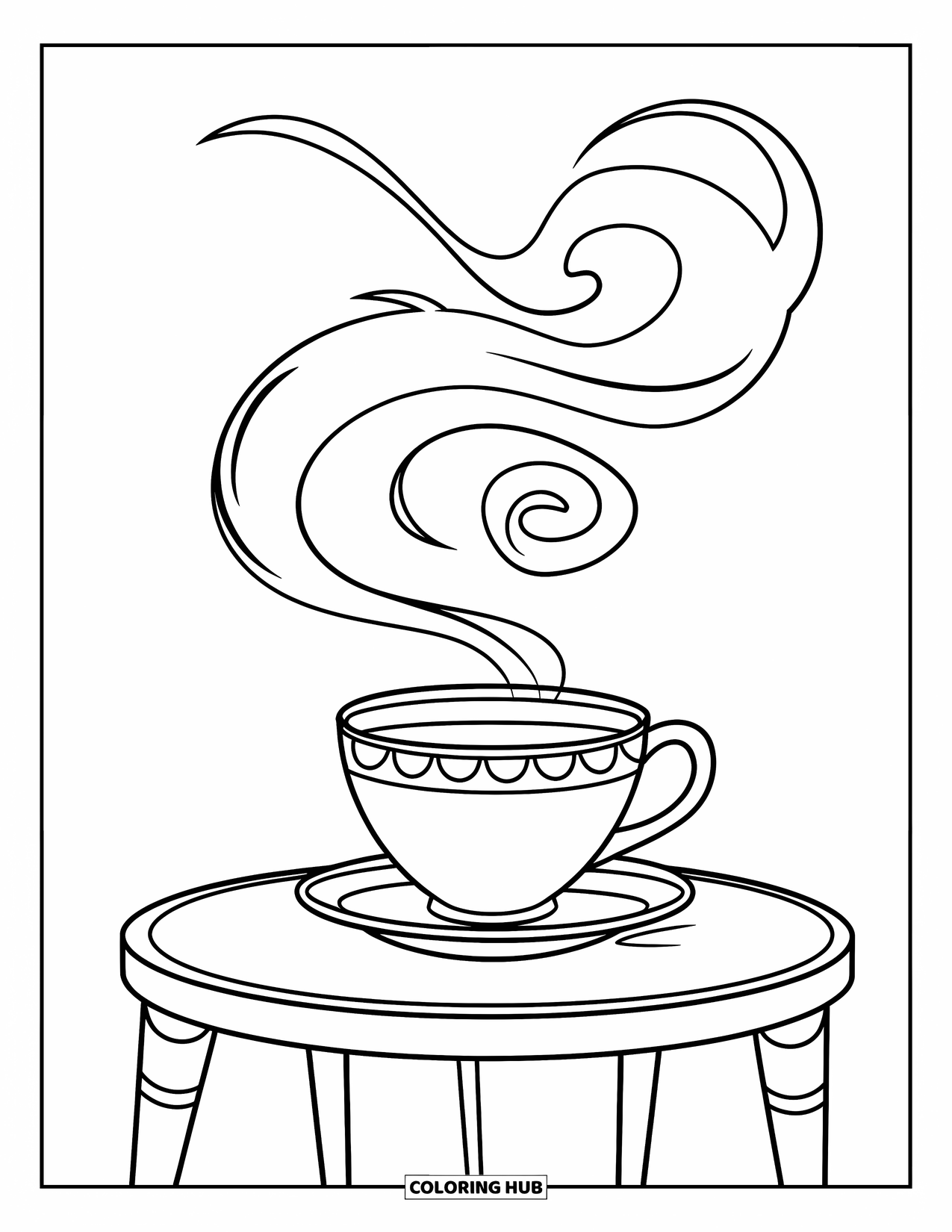 Calming Coloring Page for Kids: Teacup with swirling steam rests on a cozy table