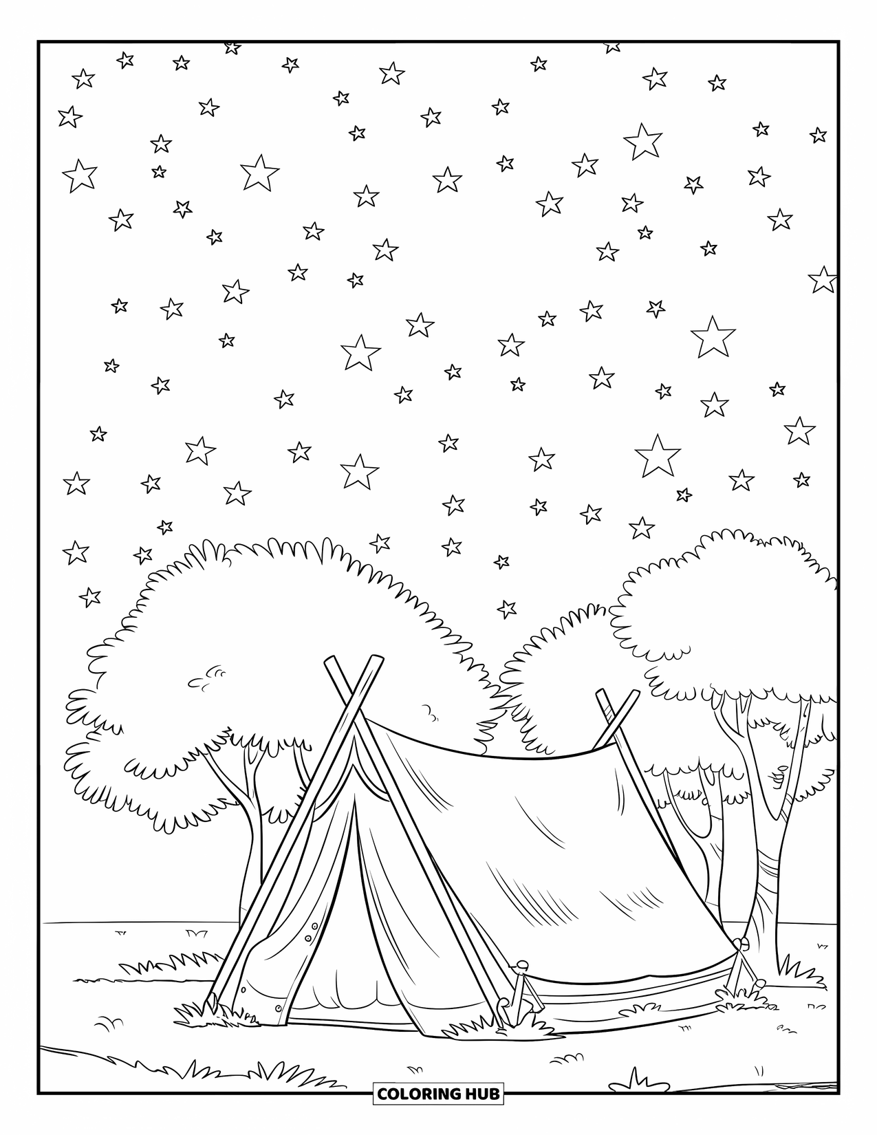 Calming Coloring Page for Kids: Tent rests under trees as stars scatter across the night sky