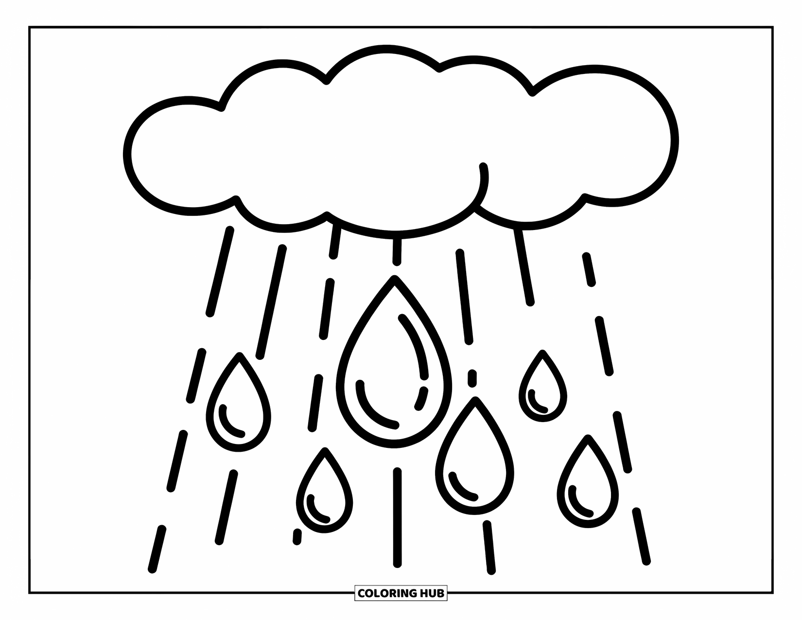 Calming Coloring Page for Kids: Three big raindrops fall from a fluffy cloud in a cheerful sky