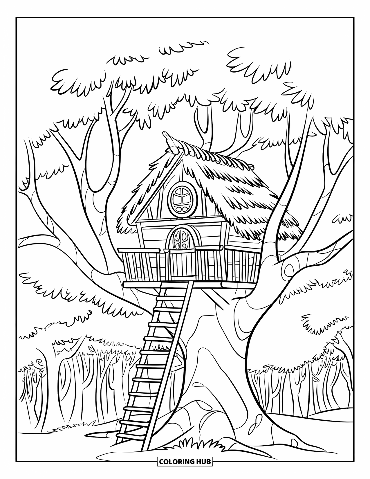 Calming Coloring Page for Kids: Treehouse tucked in leafy branches with a wooden ladder resting nearby