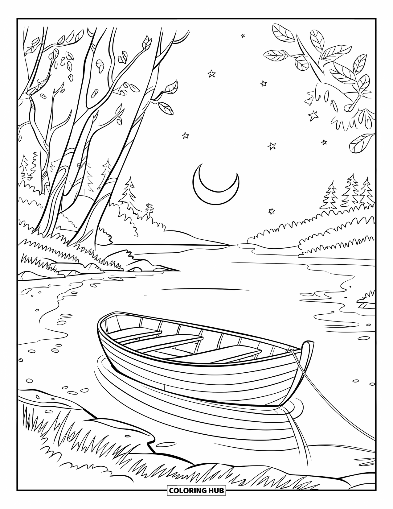 Calming Coloring Page for Kids: Wooden boat tied to shore, surrounded by trees under a moonlit sky