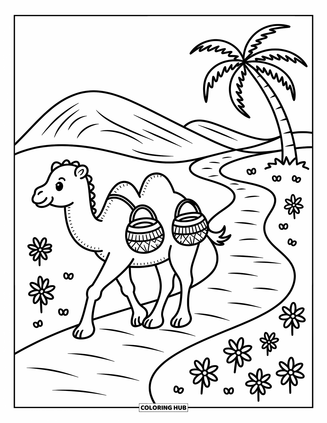 Camel Coloring Page for Adults: Camel carrying two woven baskets along a desert path with tiny flowers