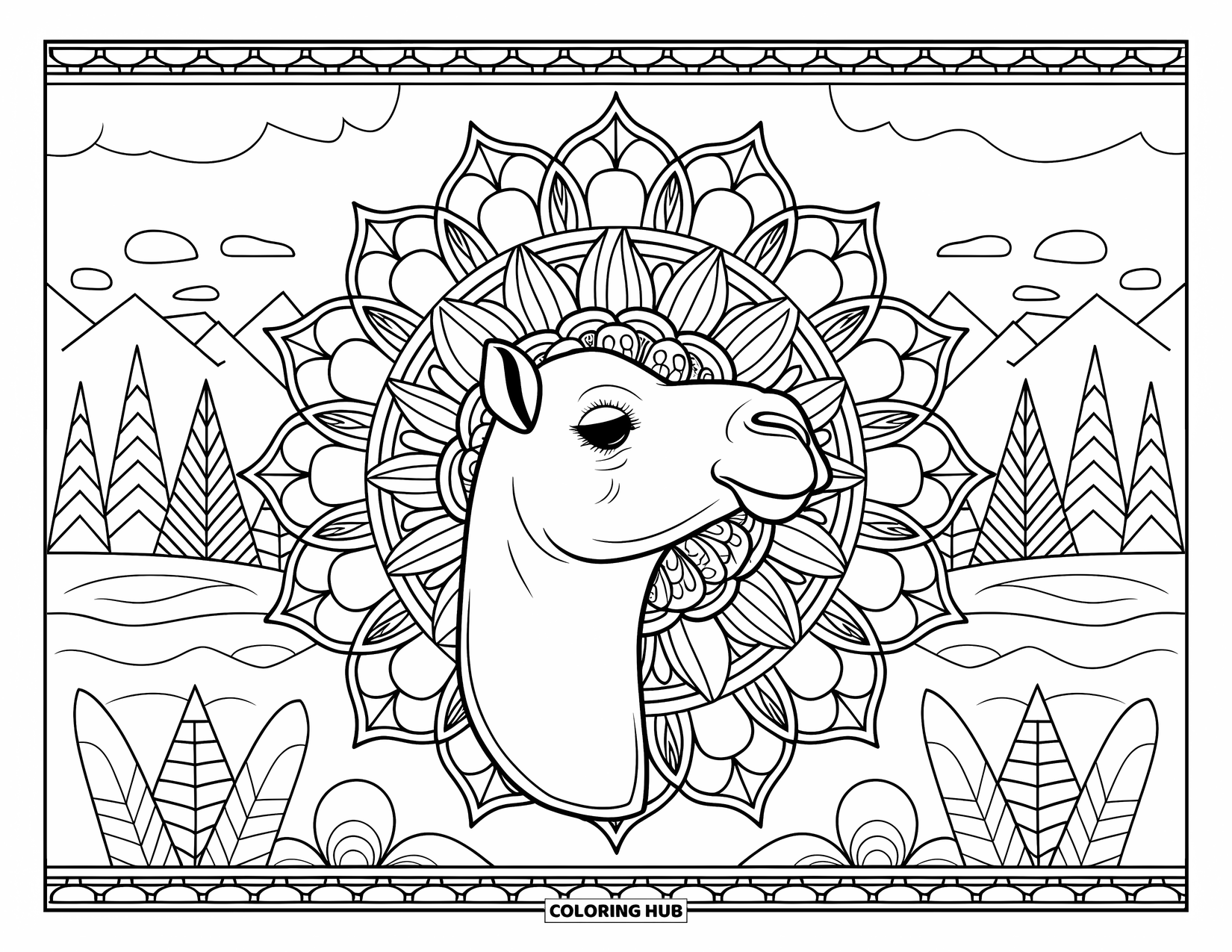 Camel Coloring Page for Adults: Camel head inside a floral mandala with a mountain landscape
