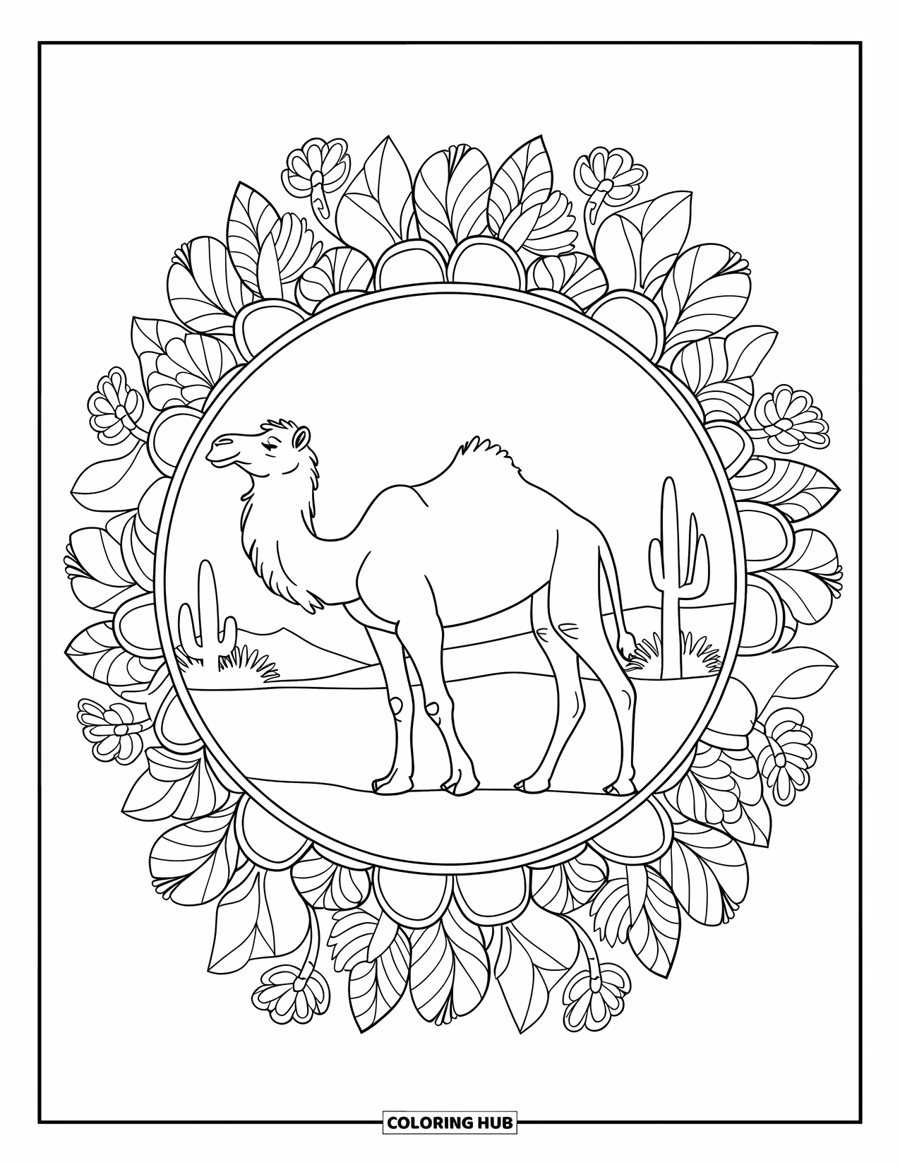 Camel Coloring Page for Adults: Camel in side profile with cactus and floral mandala background