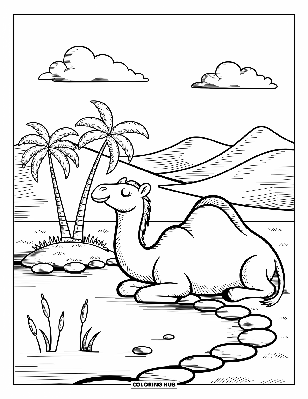 Camel Coloring Page for Adults: Camel lounging near a desert oasis with palm trees and smooth stones