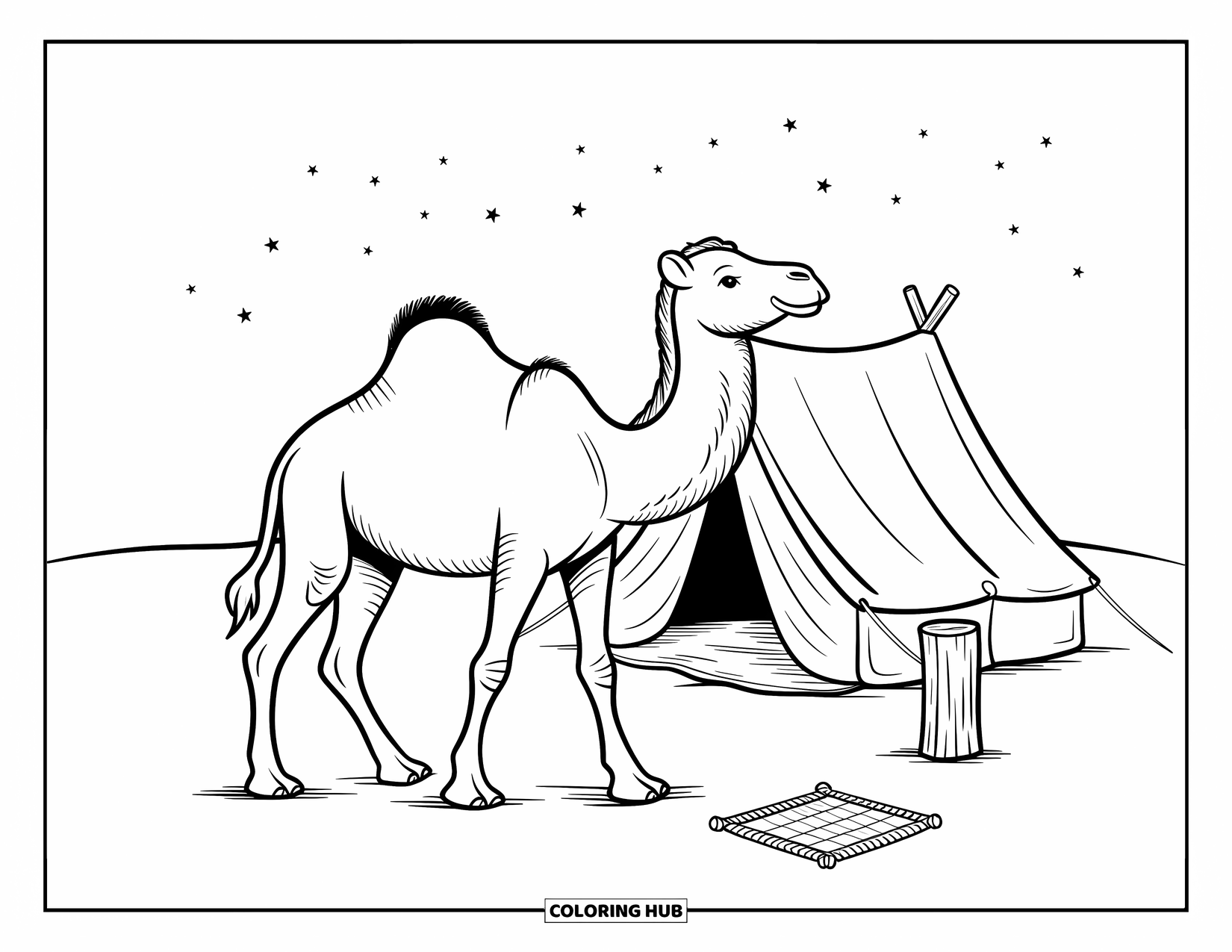 Camel Coloring Page for Adults: Camel near a nomadic tent with a mat and faint stars in the sky