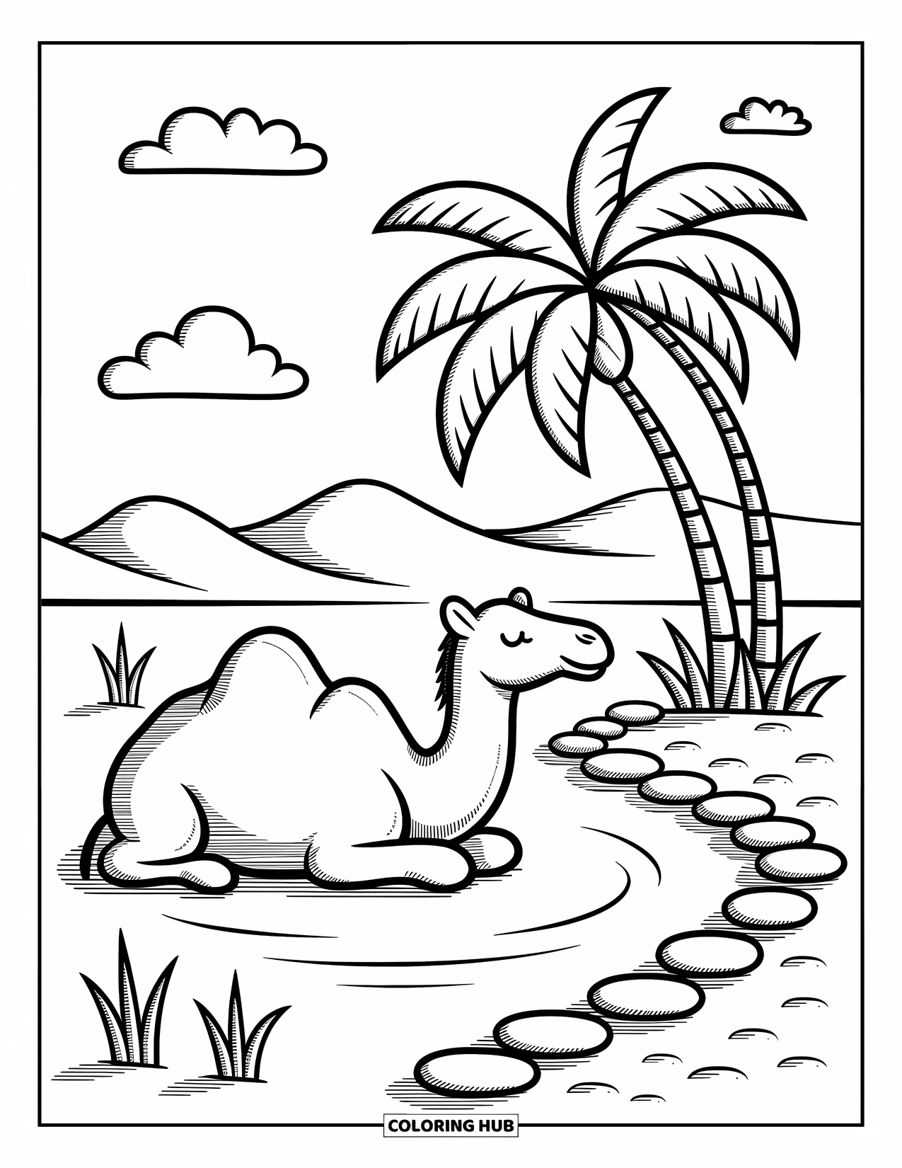 Camel Coloring Page for Adults: Camel resting at a peaceful oasis with palm trees and drifting clouds