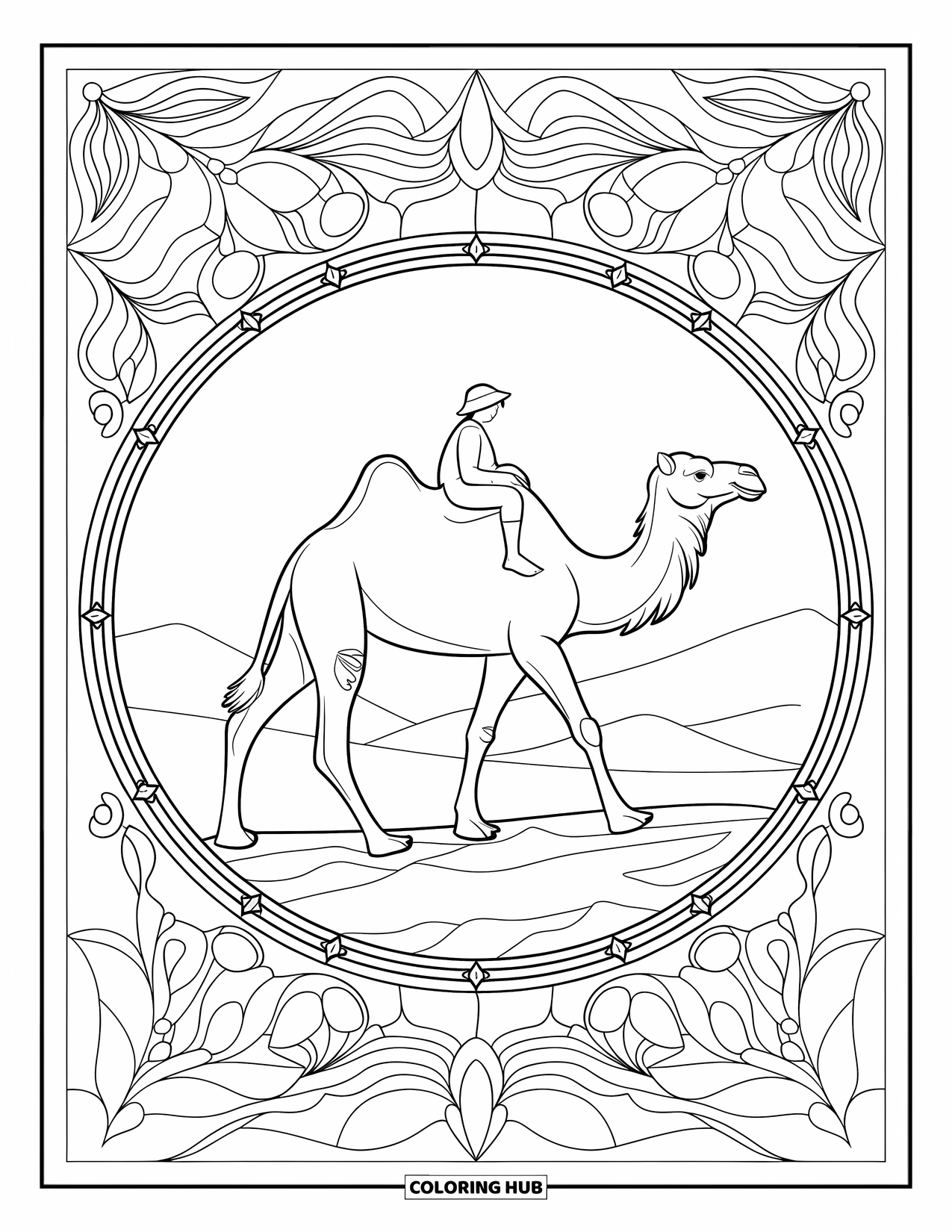 Camel Coloring Page for Adults: Camel walking dunes with a rider in a stained glass floral frame