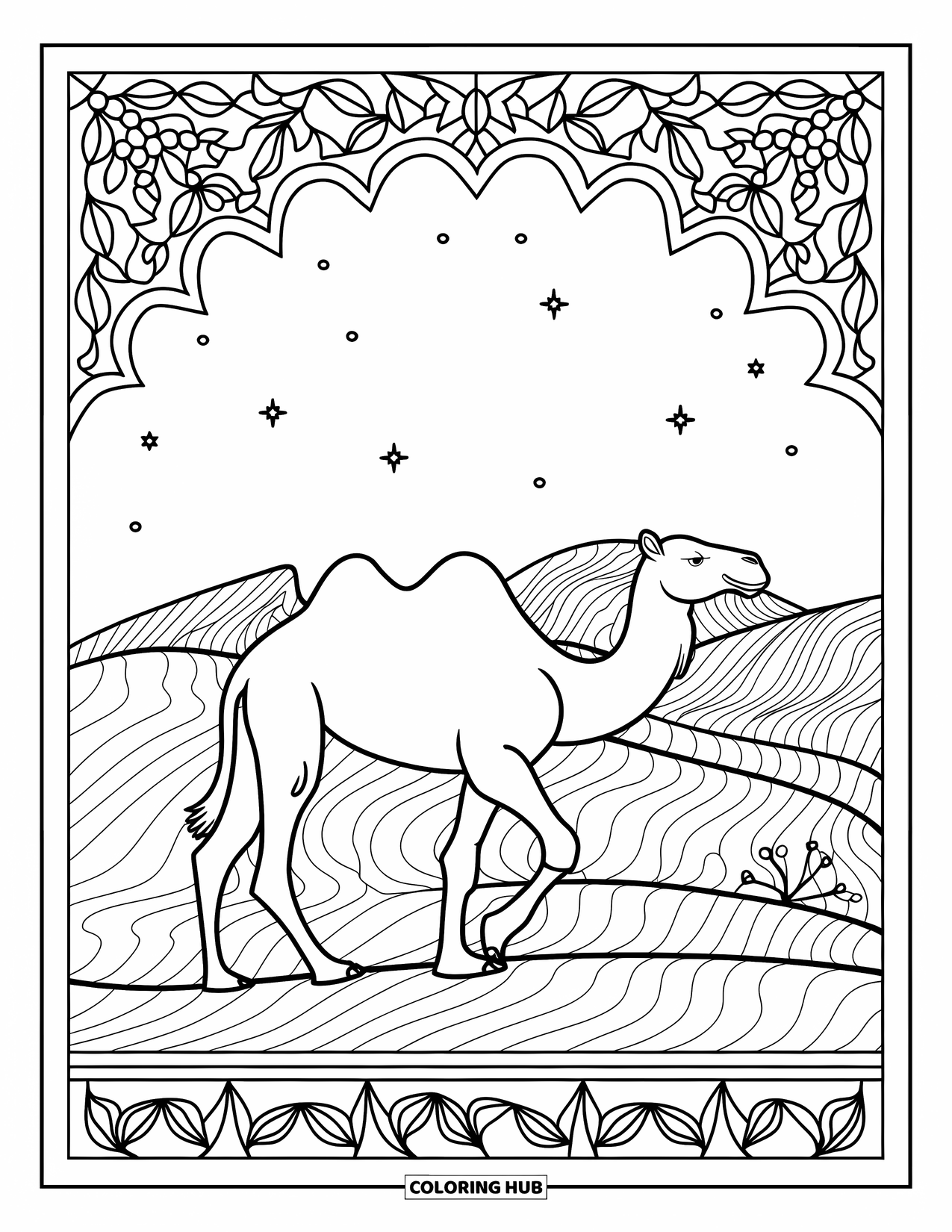 Camel Coloring Page for Adults: Camel walking patterned dunes with a floral stained glass frame