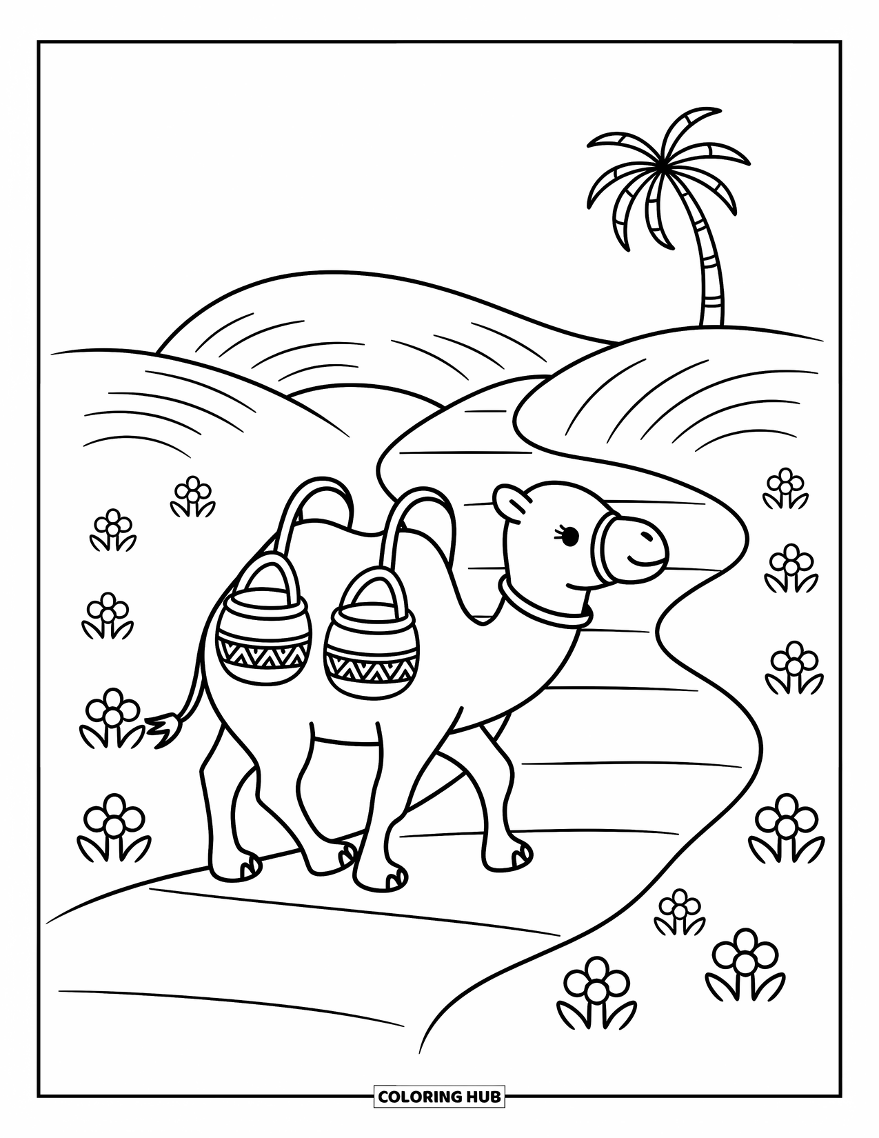 Camel Coloring Page for Adults: Camel with baskets walking past flowers on a sandy desert trail