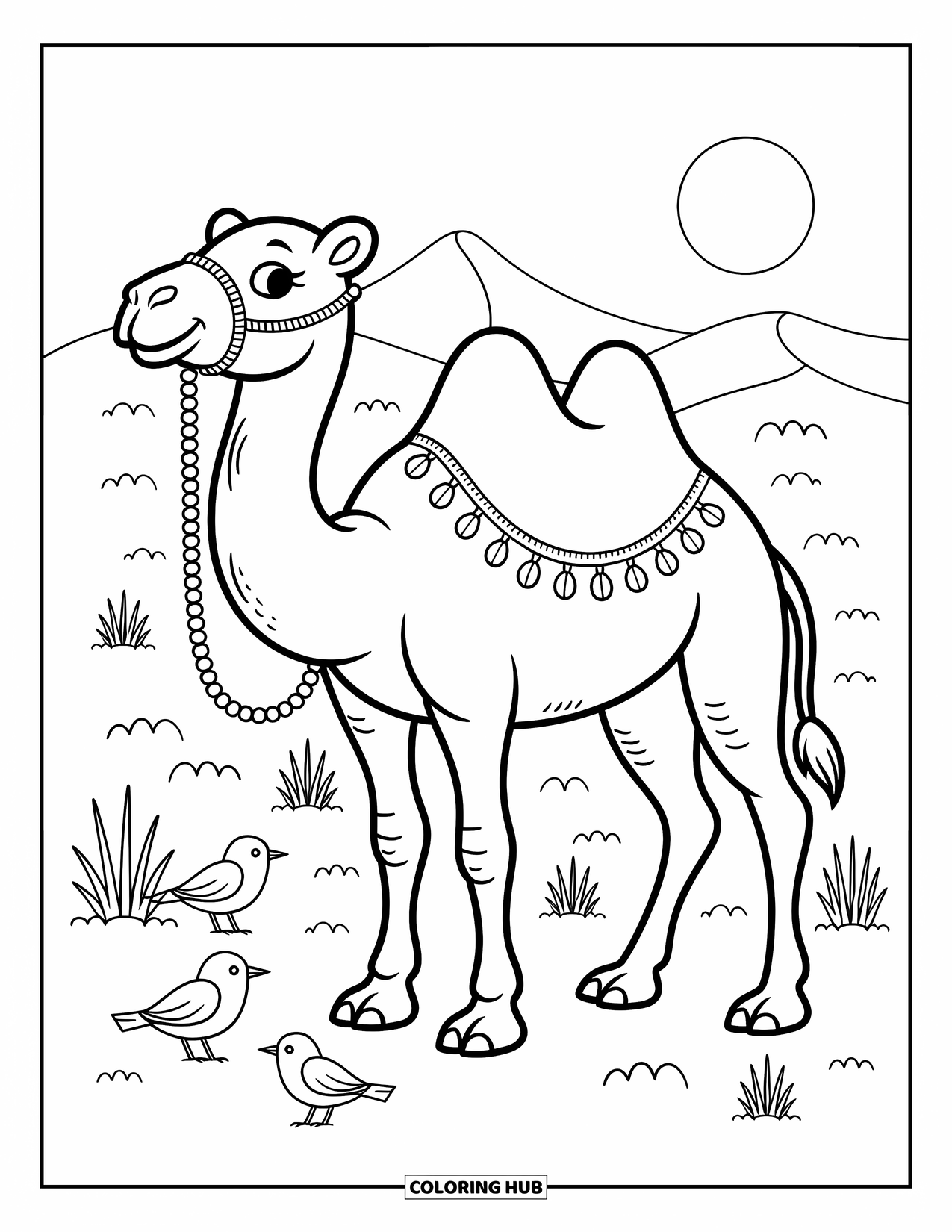 Camel Coloring Page for Adults: Camel with bead-like harness beside birds and tufts of grass in the dunes