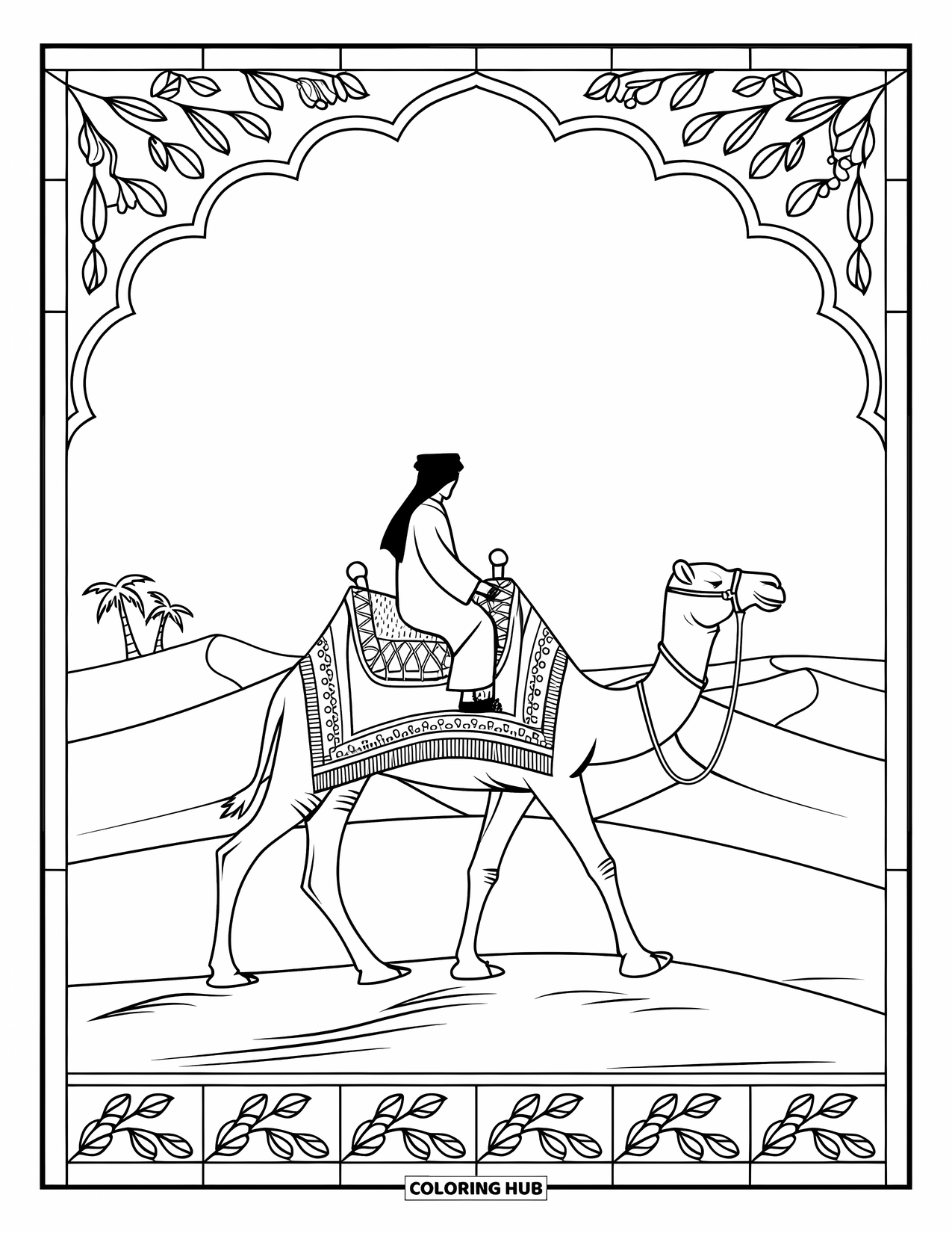 Camel Coloring Page for Adults: Camel with rider in a desert scene framed by botanical stained glass