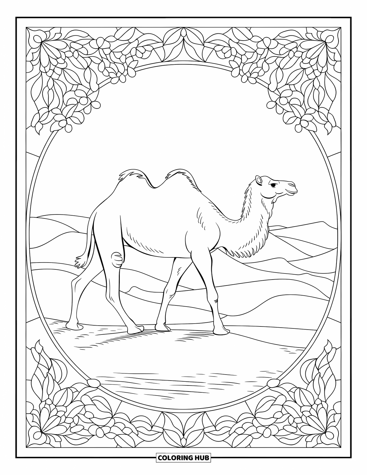 Camel Coloring Page for Adults: Camel with rider in botanical stained glass over desert dunes