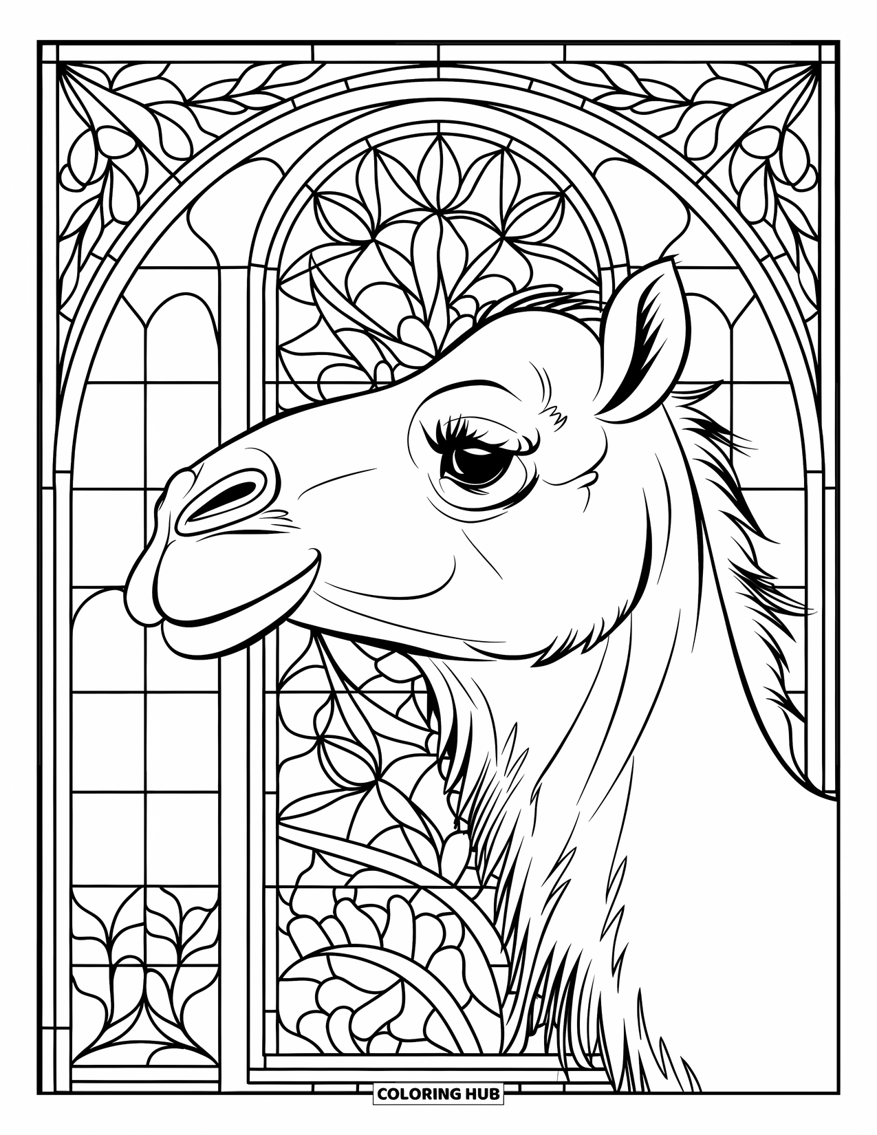 Camel Coloring Page for Adults: Close-up camel head framed by stained glass floral patterns