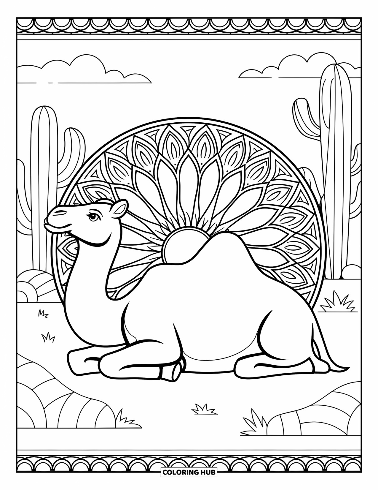 Camel Coloring Page for Adults: Resting camel framed by an ornate desert flower mandala