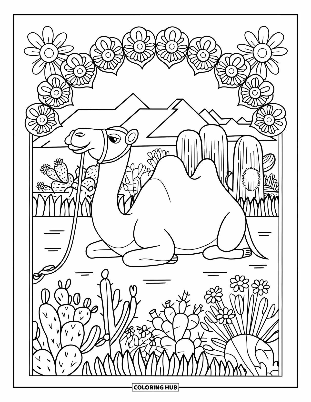Camel Coloring Page for Adults: Resting camel tied to a post in a mandala-framed desert village