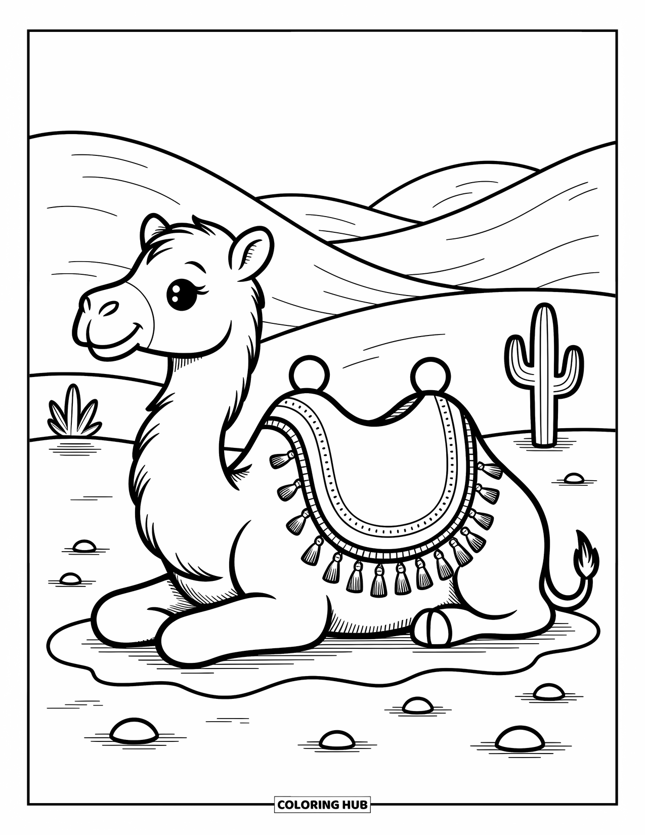 Camel Coloring Page for Adults: Resting camel with a patterned blanket and tassels beside dunes and a cactus