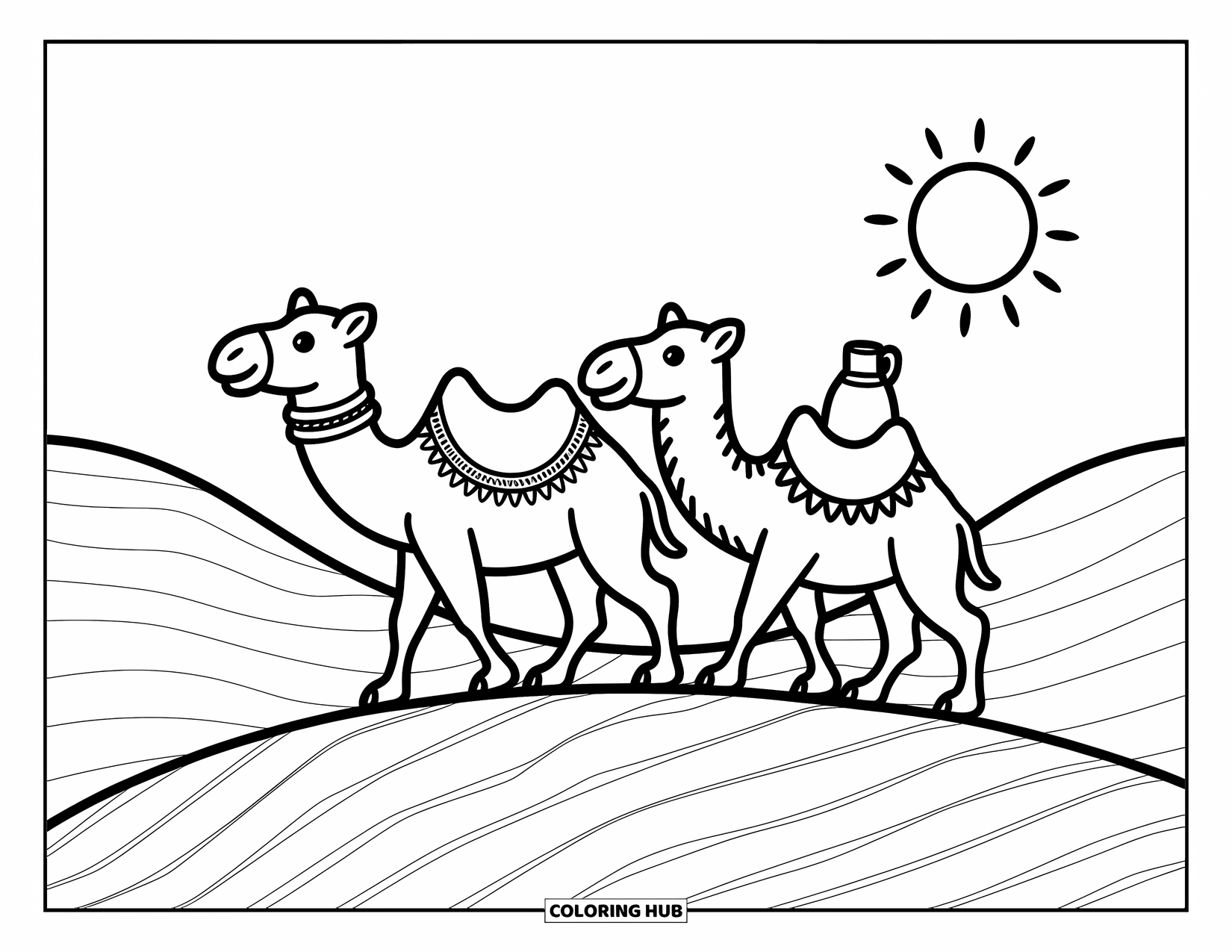 Camel Coloring Page for Adults: Two camels side by side on dunes beneath a soft, round sun