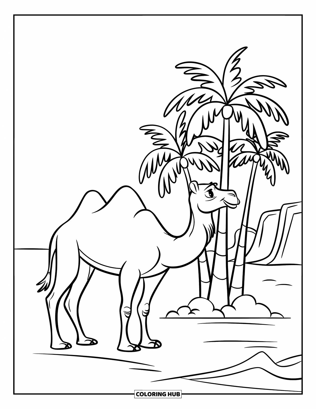Camel Coloring Page for Kids: Camel beside date palms in a wide desert with rocky outcrops
