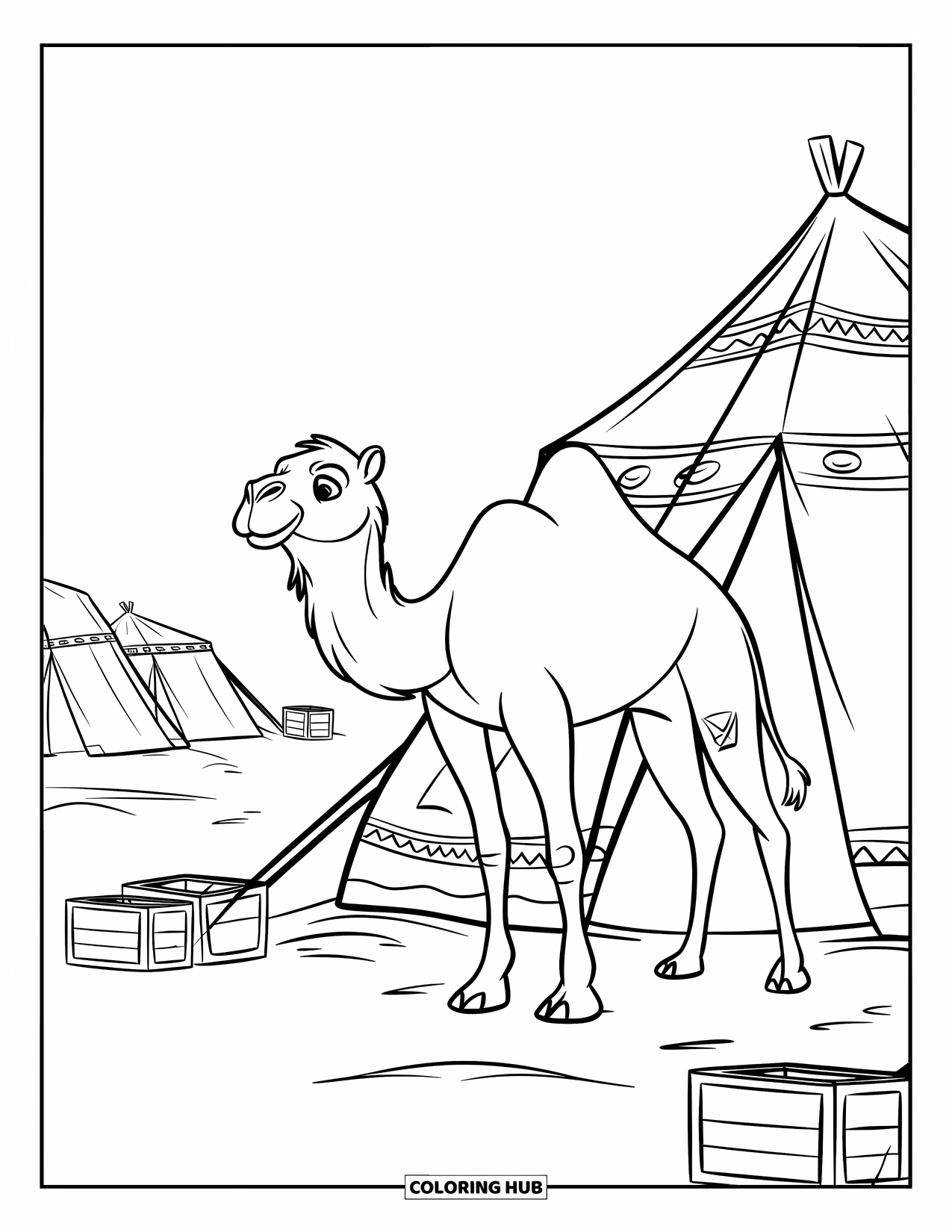 Camel Coloring Page for Kids: Camel beside patterned desert tent with more tents in the distance