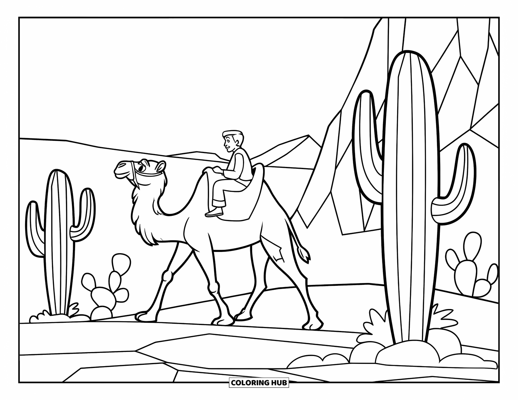 Camel Coloring Page for Kids: Camel carrying a man past cacti and a rocky hill in the desert