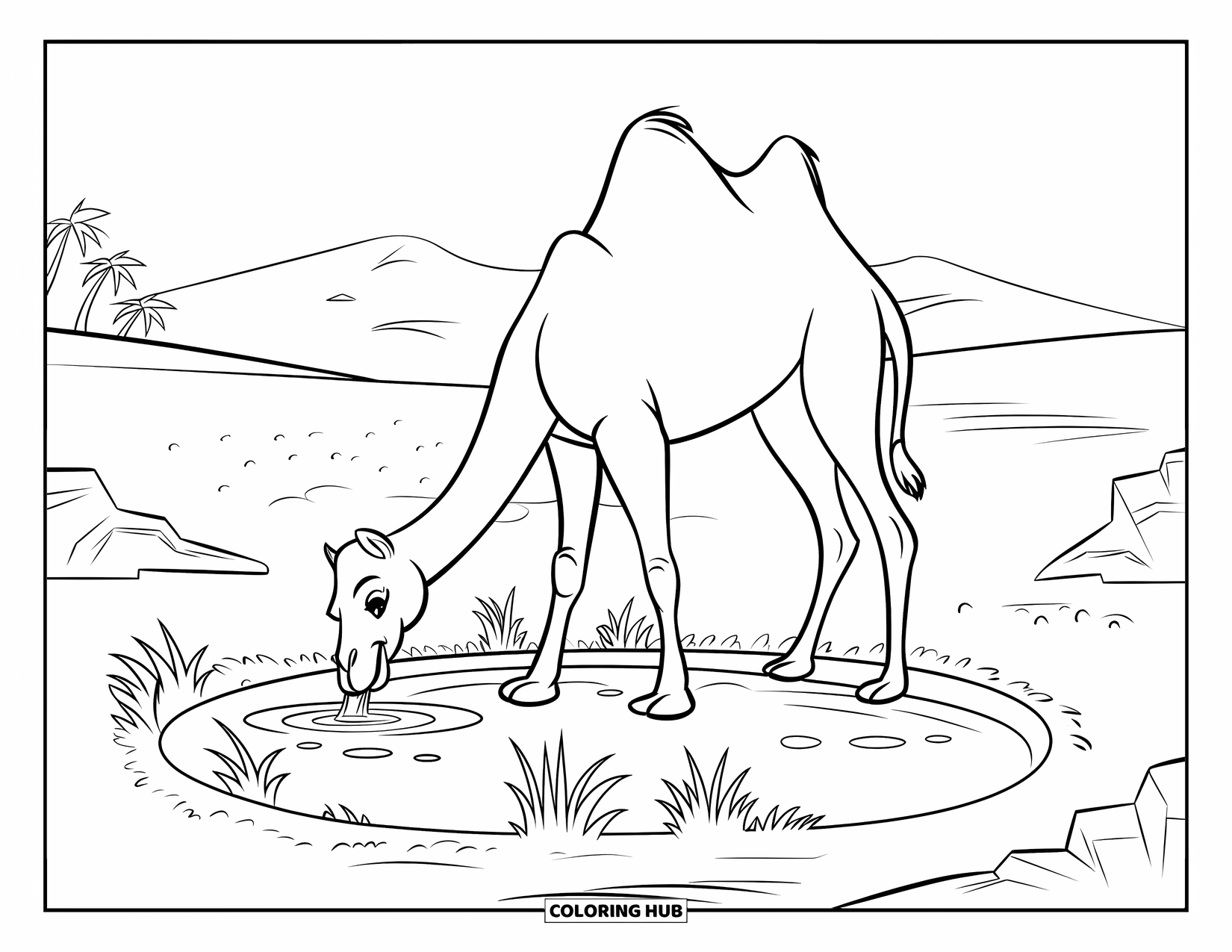 Camel Coloring Page for Kids: Camel drinking from a grassy oasis with palm trees and mountains