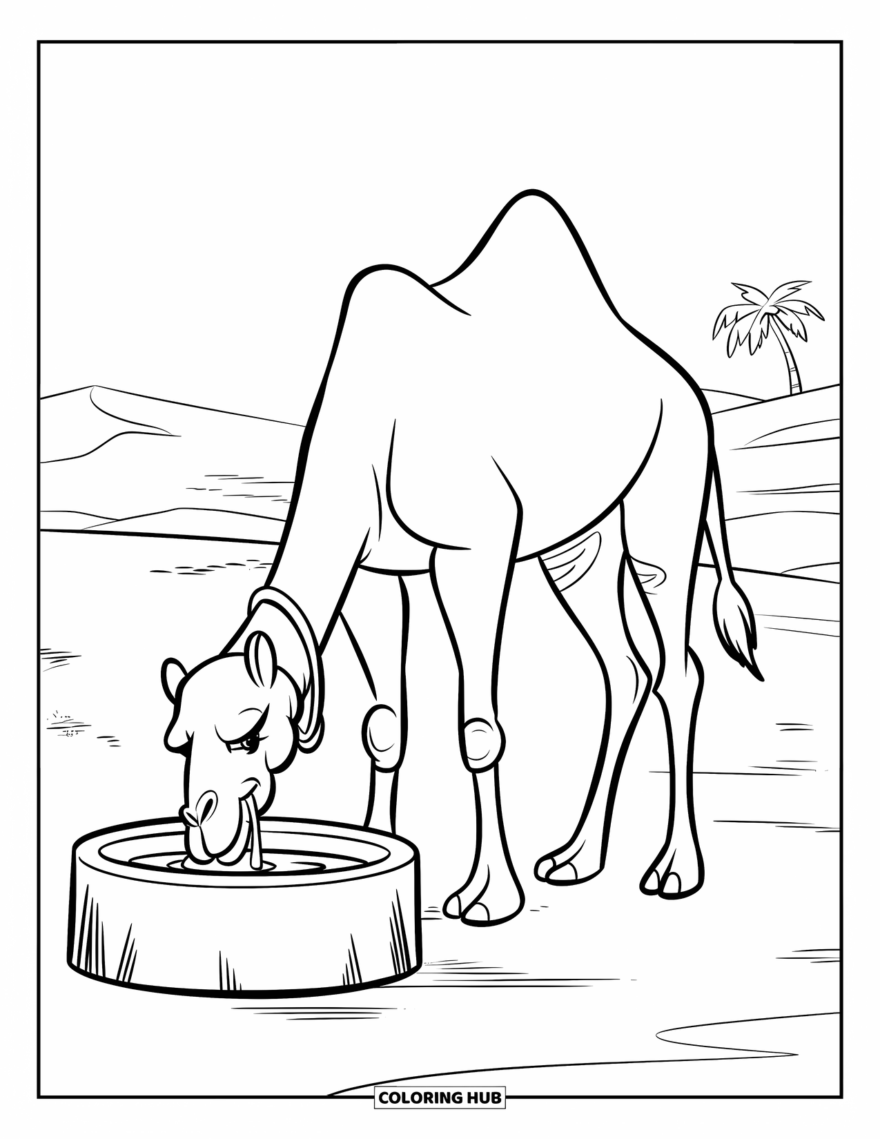 Camel Coloring Page for Kids: Camel drinking from a trough in the desert with a palm tree nearby