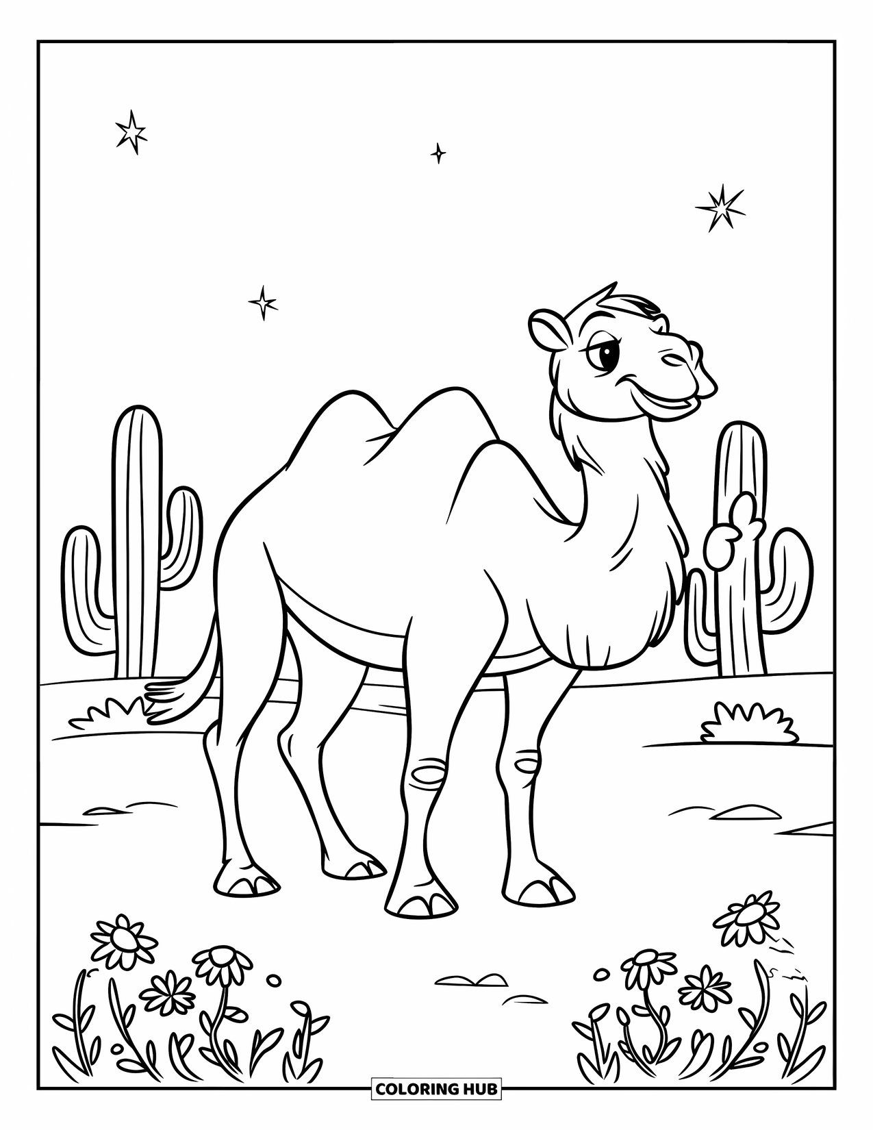 Camel Coloring Page for Kids: Camel in desert with wildflowers and cacti under a starry sky