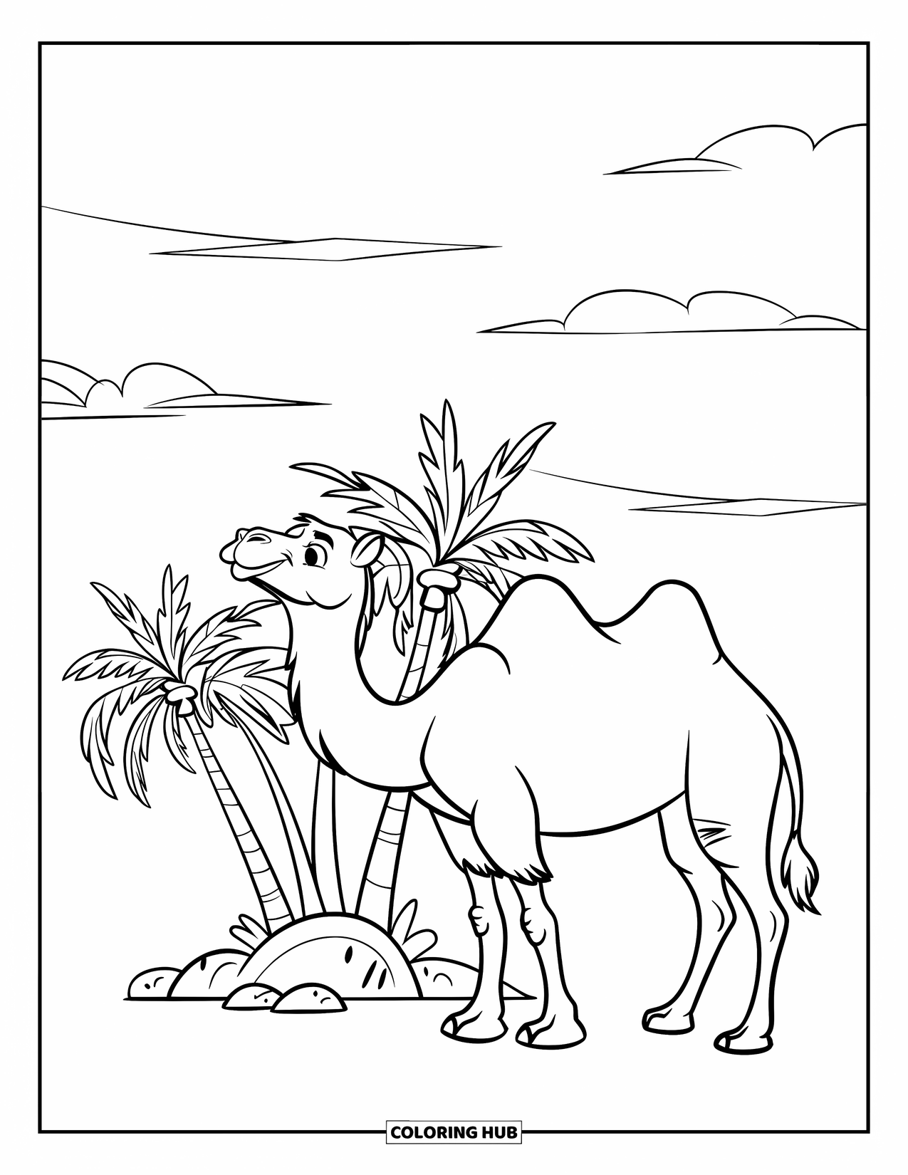 Camel Coloring Page for Kids: Camel near date palms with a few rocks and clouds in the sky