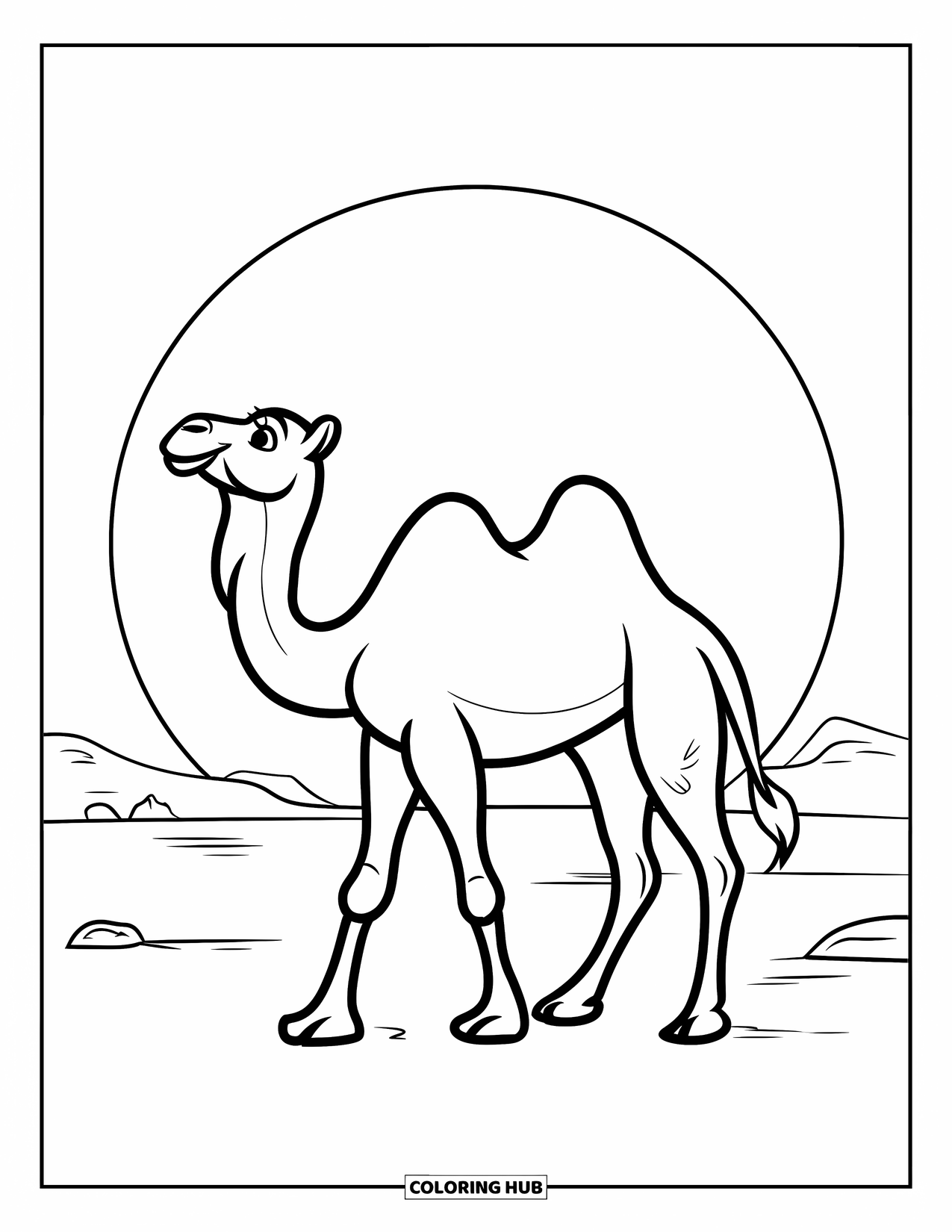 Camel Coloring Page for Kids: Camel silhouette against sunset with mountains in the distance