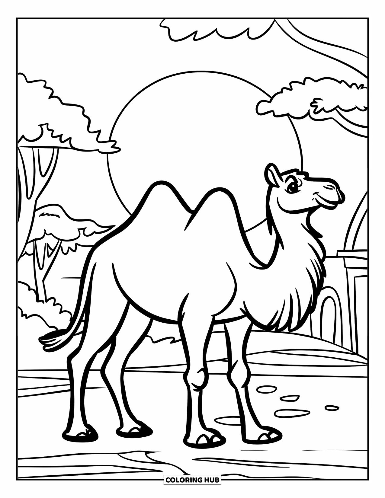 Camel Coloring Page for Kids: Camel silhouetted against a setting sun with a few trees nearby