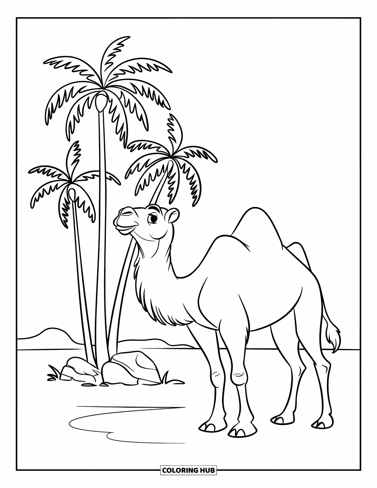 Camel Coloring Page for Kids: Camel standing by date palms in a white desert with rocks