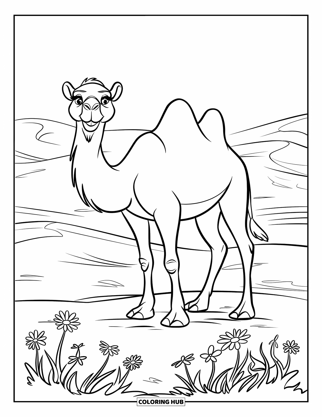 Camel Coloring Page for Kids: Camel surrounded by wildflowers in a vast desert with sand dunes
