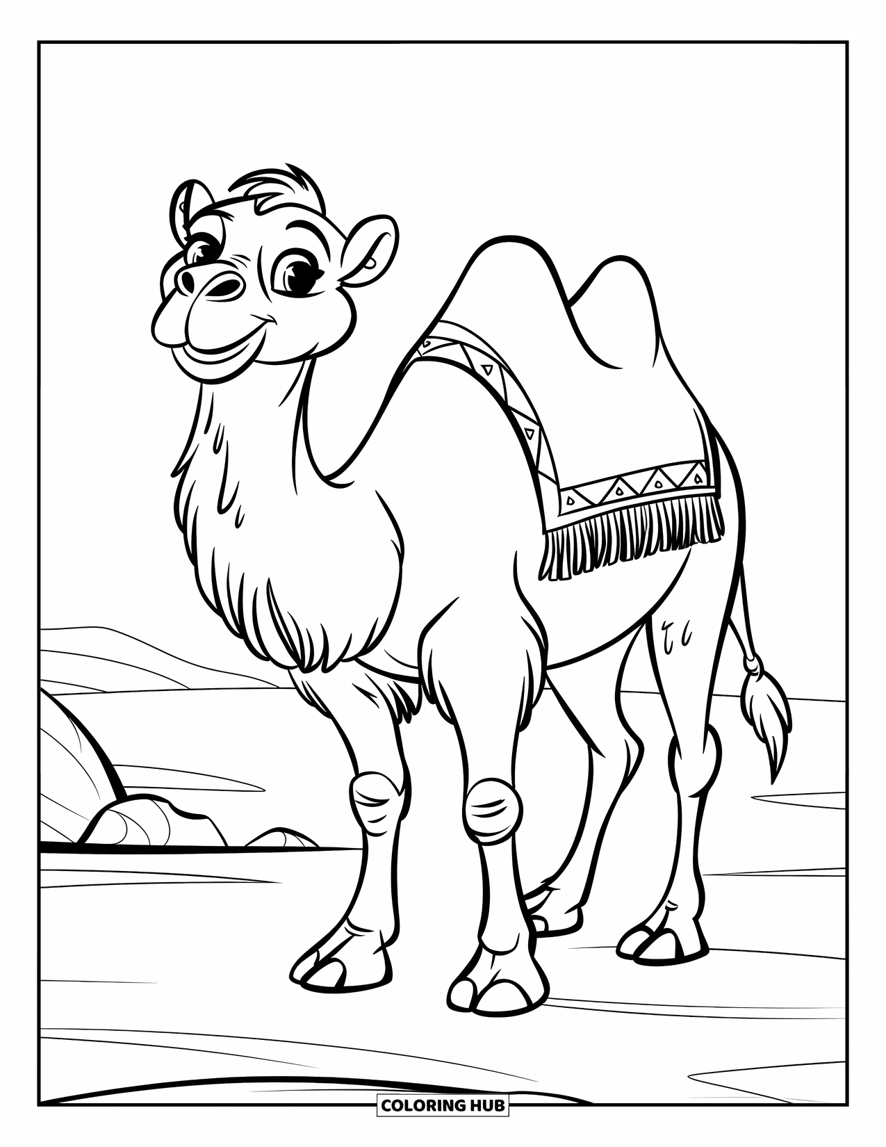 Camel Coloring Page for Kids: Camel with blanket and big eyes standing in desert with rocks