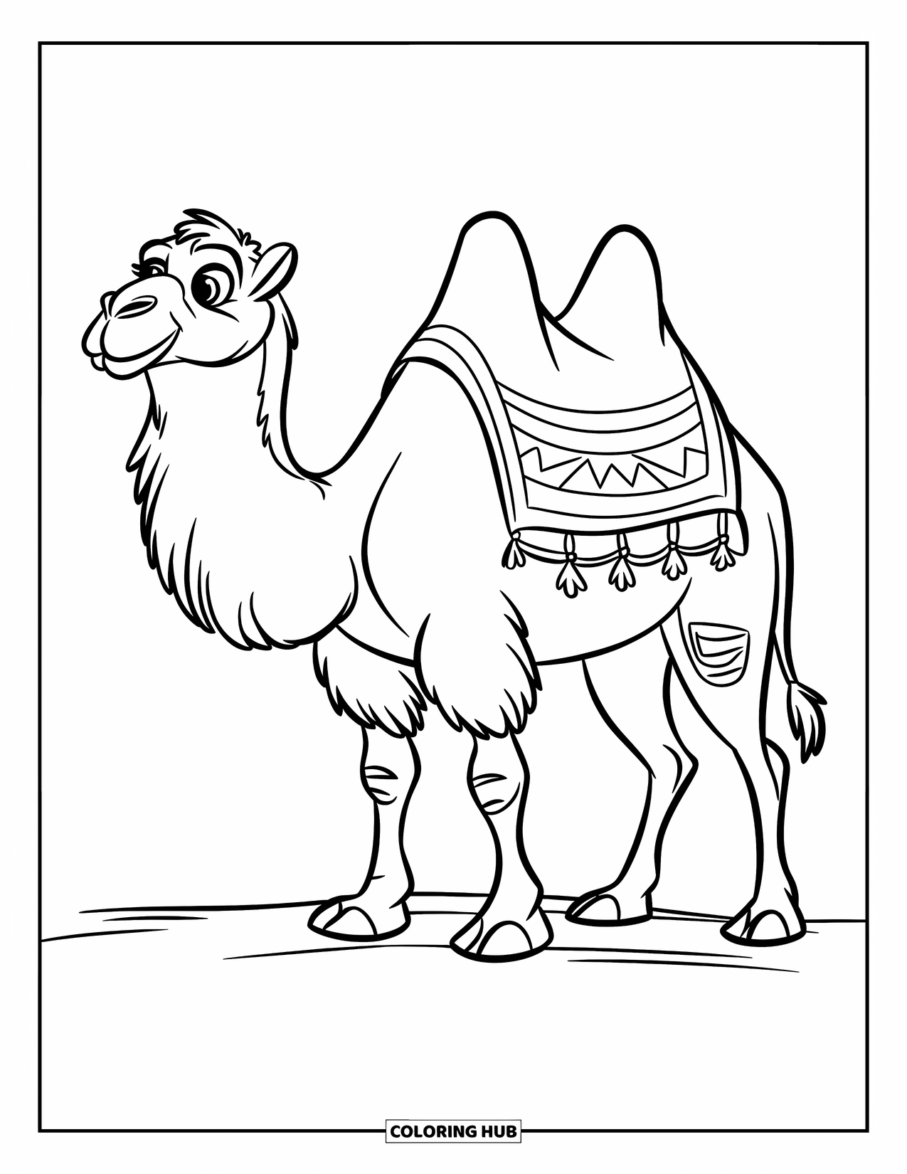 Camel Coloring Page for Kids: Camel with blanket standing on plain desert ground