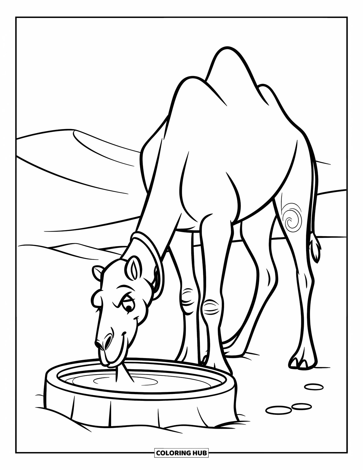 Camel Coloring Page for Kids: Camel with collar drinking from a round trough in desert dunes