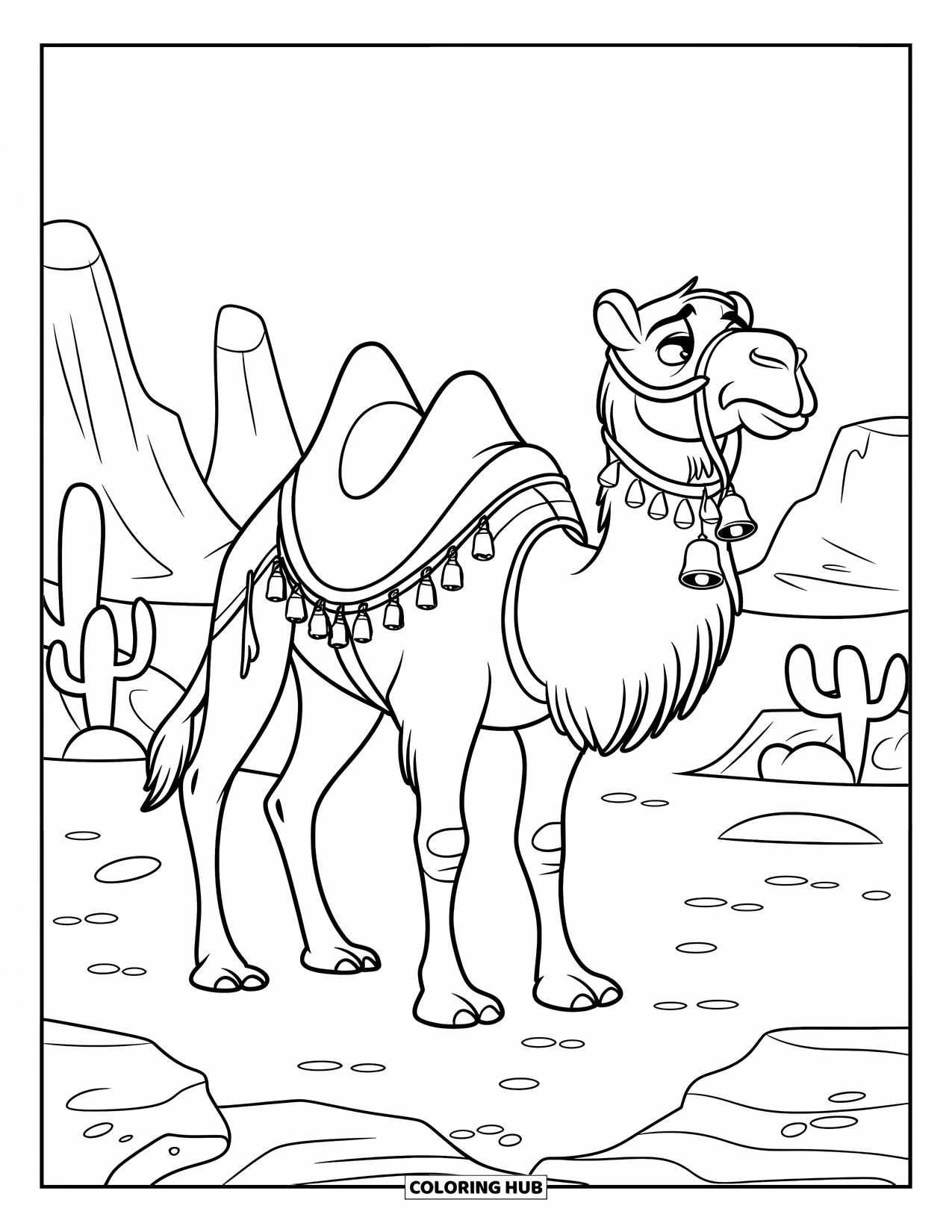 Camel Coloring Page for Kids: Camel with decorative harness standing on rocky desert ground with cacti