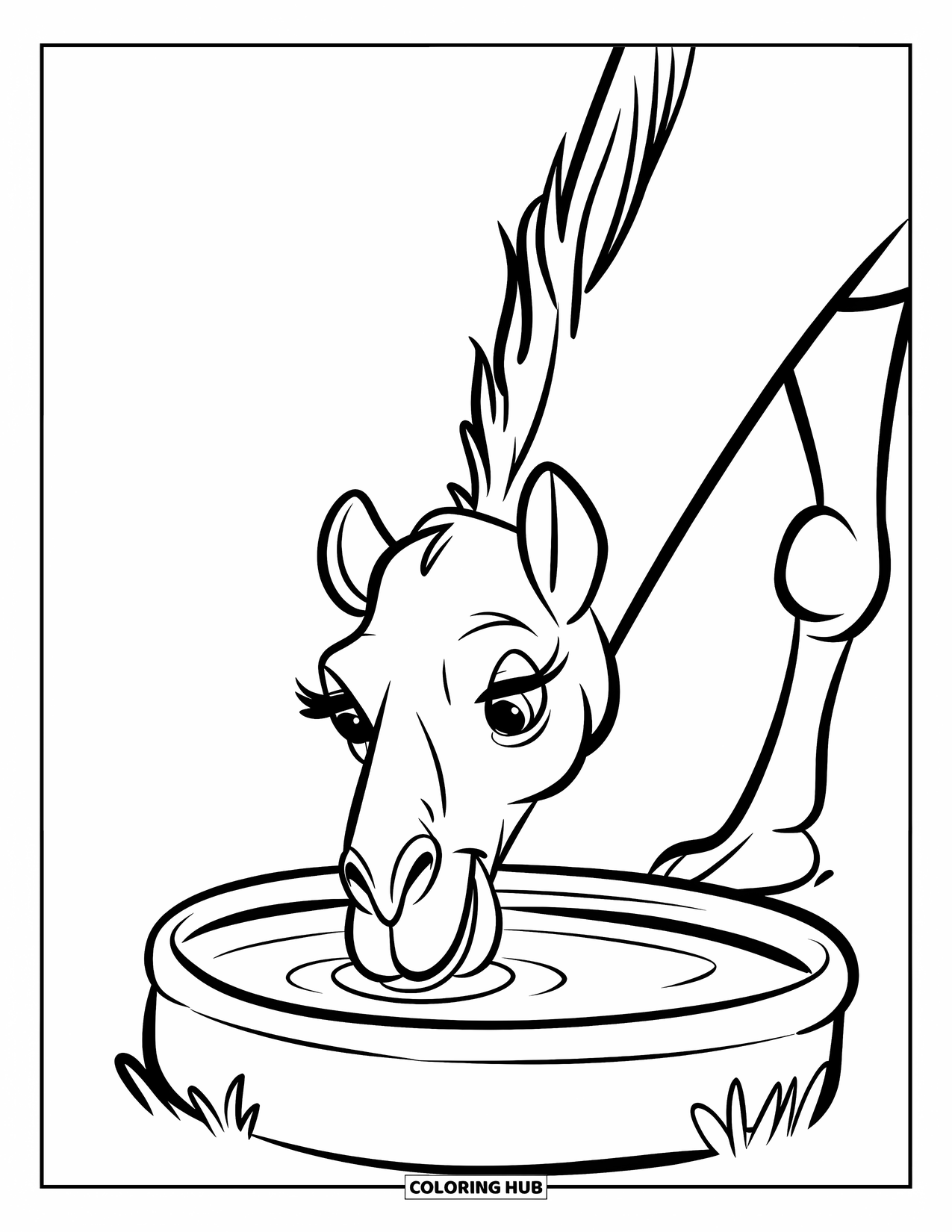 Camel Coloring Page for Kids: Camel with large eyes drinking from a trough on empty ground