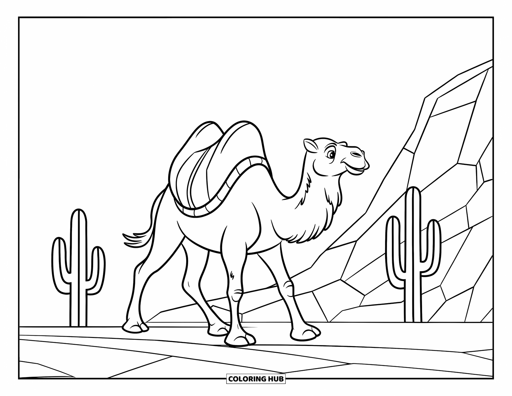 Camel Coloring Page for Kids: Camel with large load walking past cacti and a rocky hill