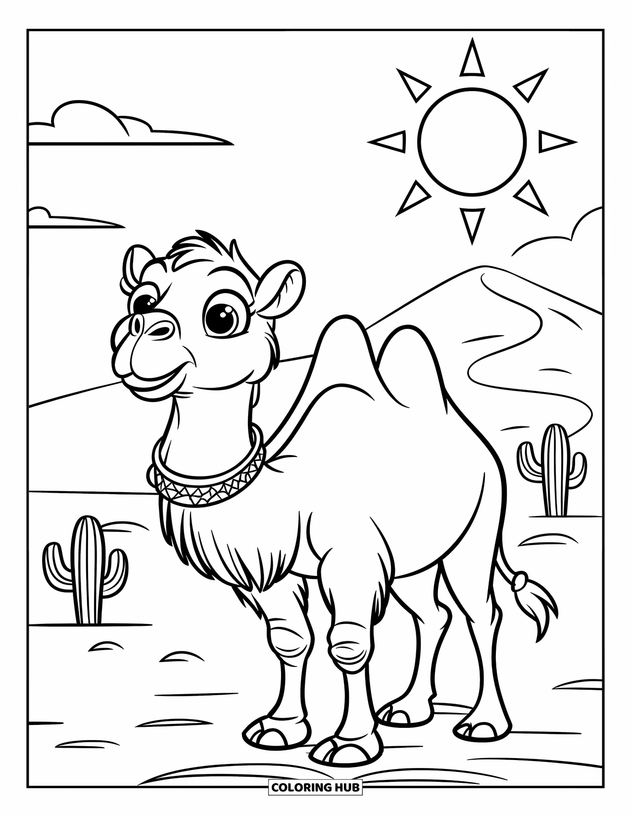 Camel Coloring Page for Kids: Camel with necklace standing before a dune with cacti and sunny sky
