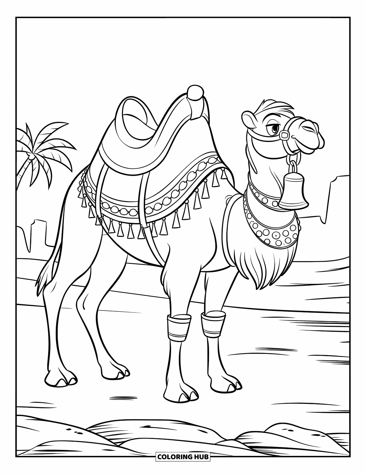 Camel Coloring Page for Kids: Camel with ornate saddle standing near palm trees and a desert village