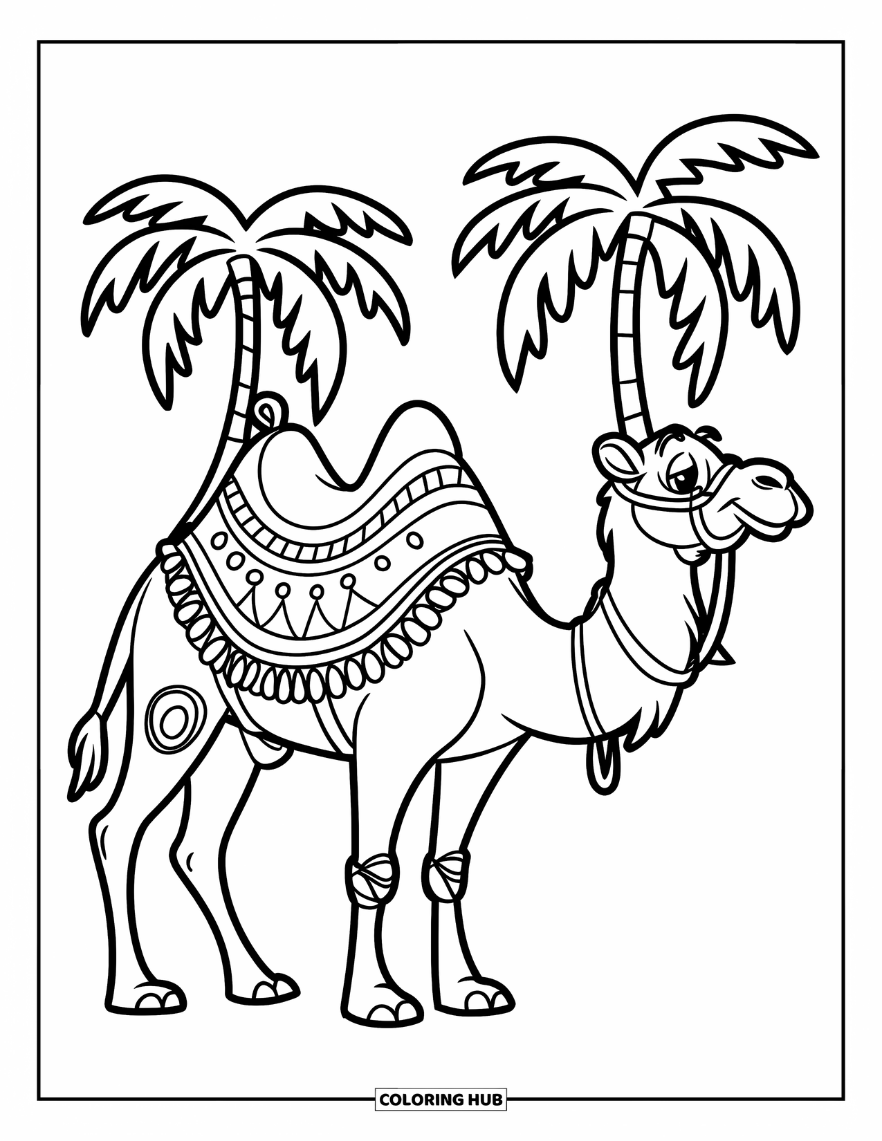 Camel Coloring Page for Kids: Camel with patterned saddle and palm trees in the background