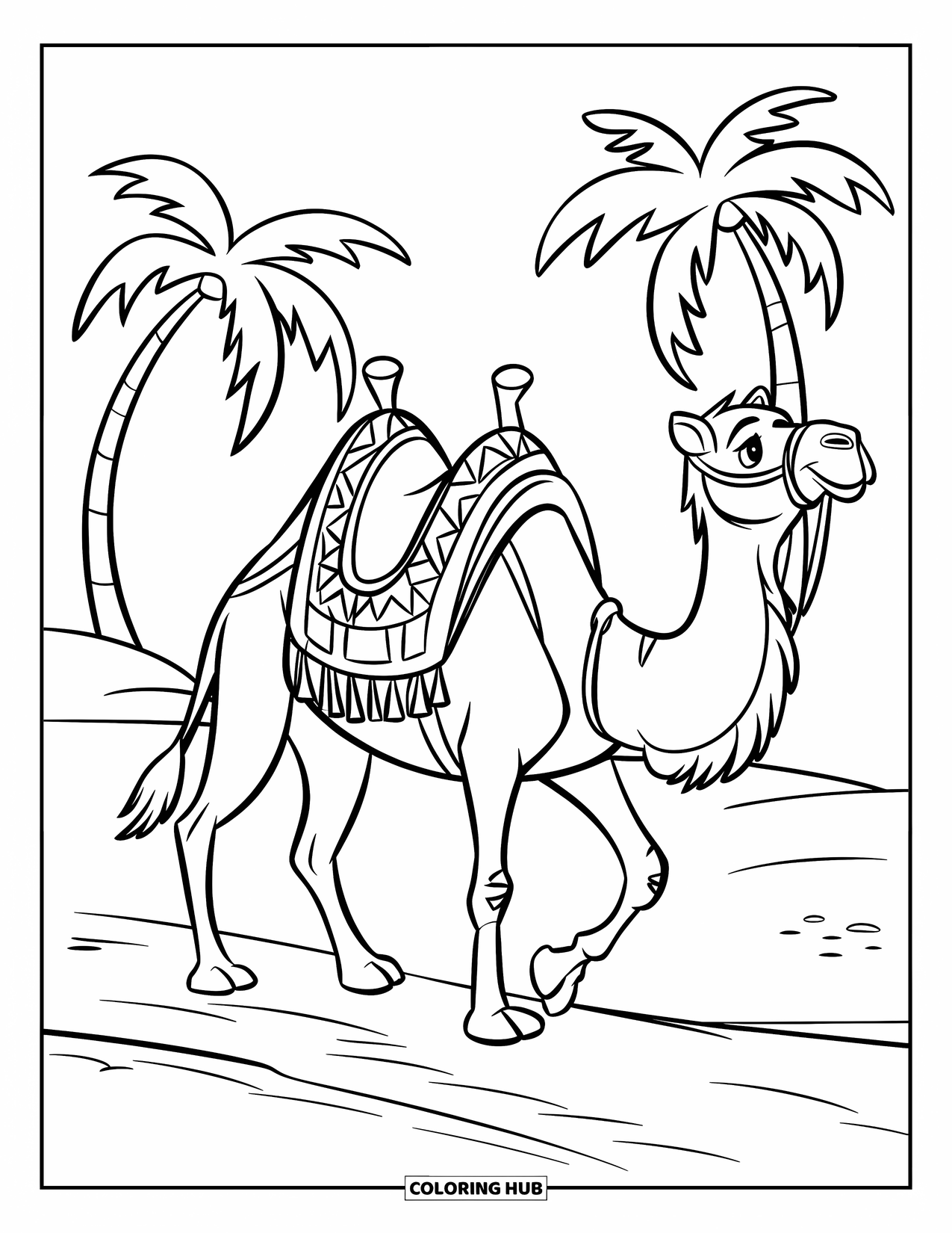 Camel Coloring Page for Kids: Camel with patterned saddle walking along a sandy path