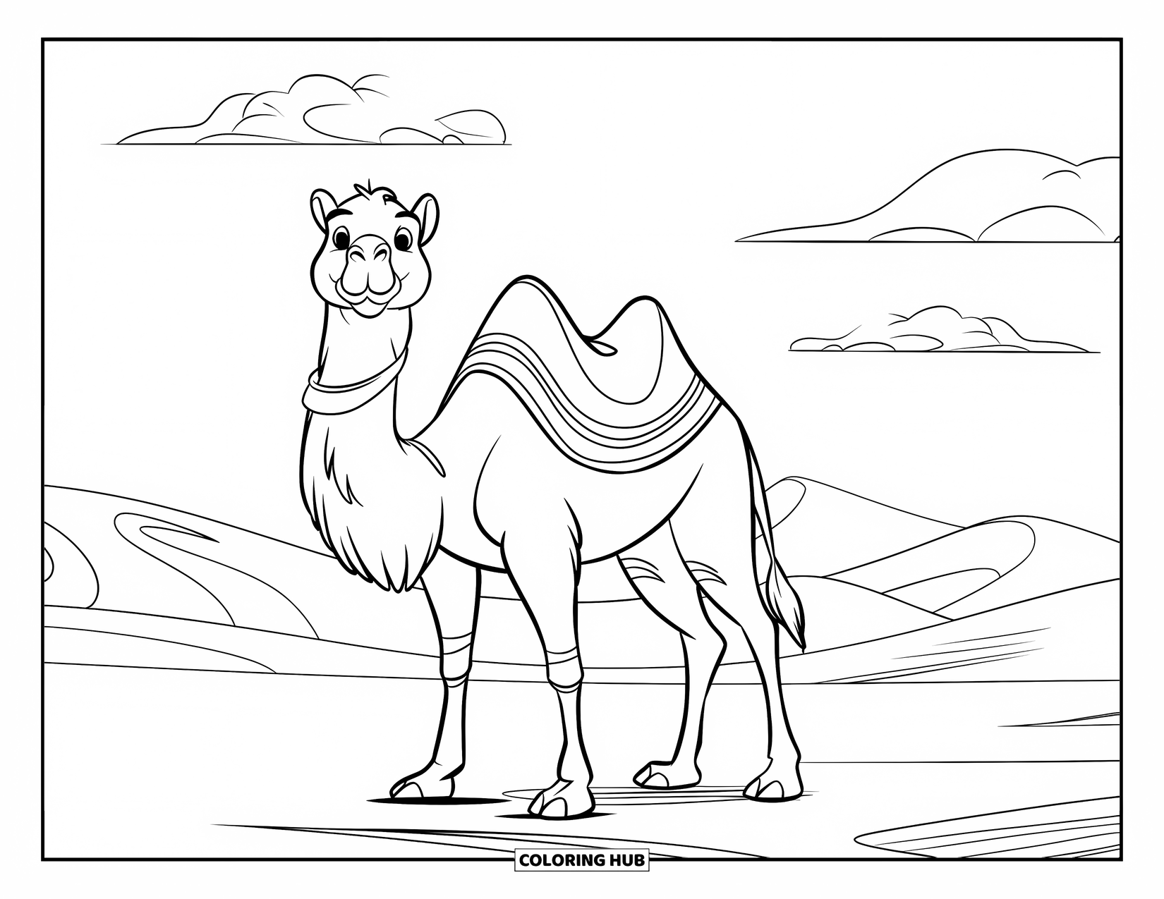 Camel Coloring Page for Kids: Camel with plain saddle and collar standing in desert with clouds