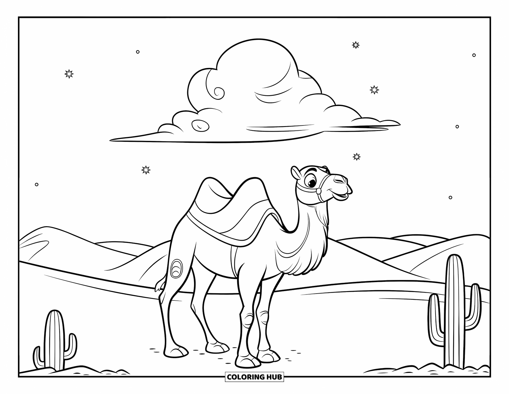 Camel Coloring Page for Kids: Camel with plain saddle standing in desert with cacti nearby