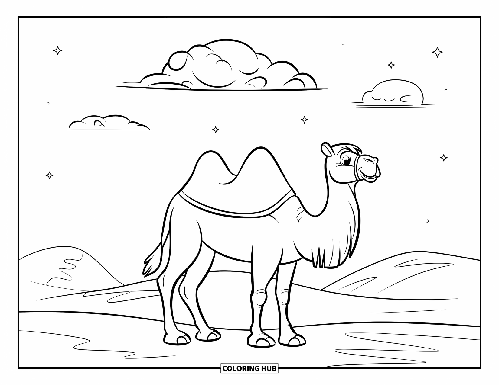 Camel Coloring Page for Kids: Camel with plain saddle standing under a large cloud in desert dunes