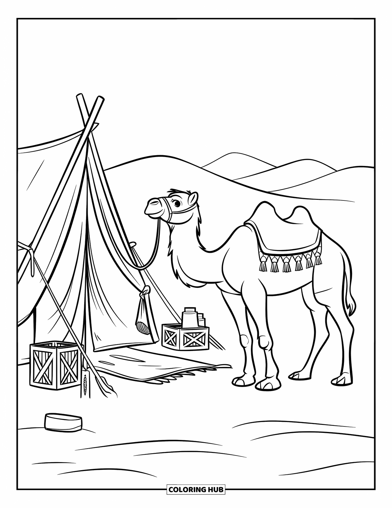 Camel Coloring Page for Kids: Camel with saddle beside a tent with crates, mat, and lamp
