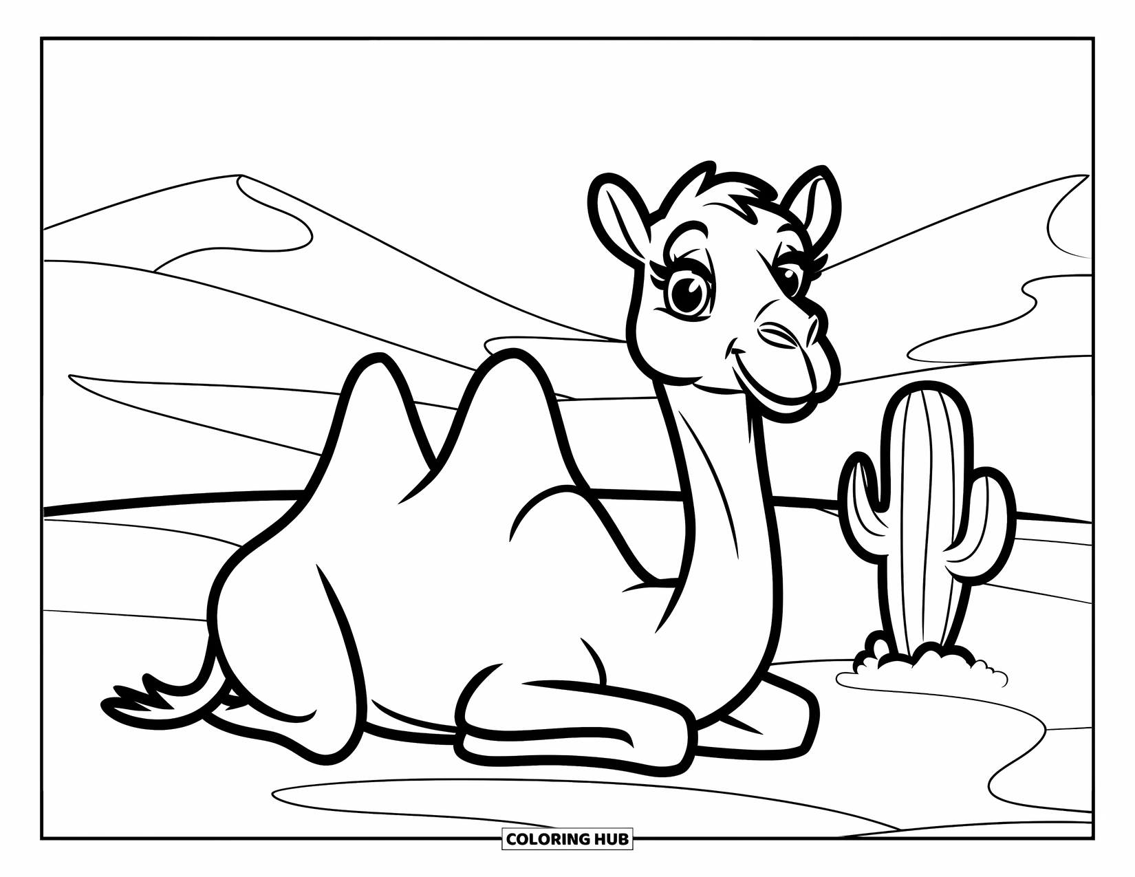 Camel Coloring Page for Kids: Cute camel resting on sand beside a cactus under a sunny sky
