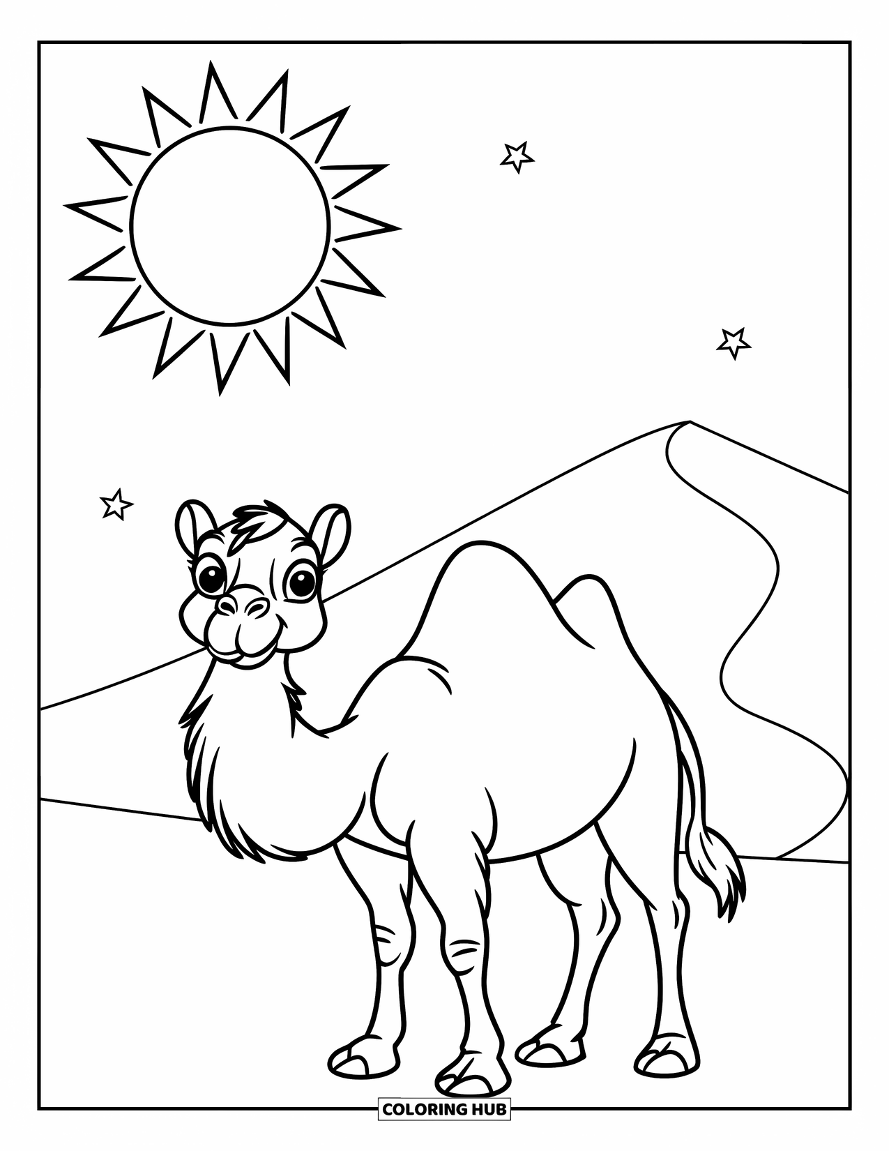 Camel Coloring Page for Kids: Cute camel standing before a sand dune with bright sun above