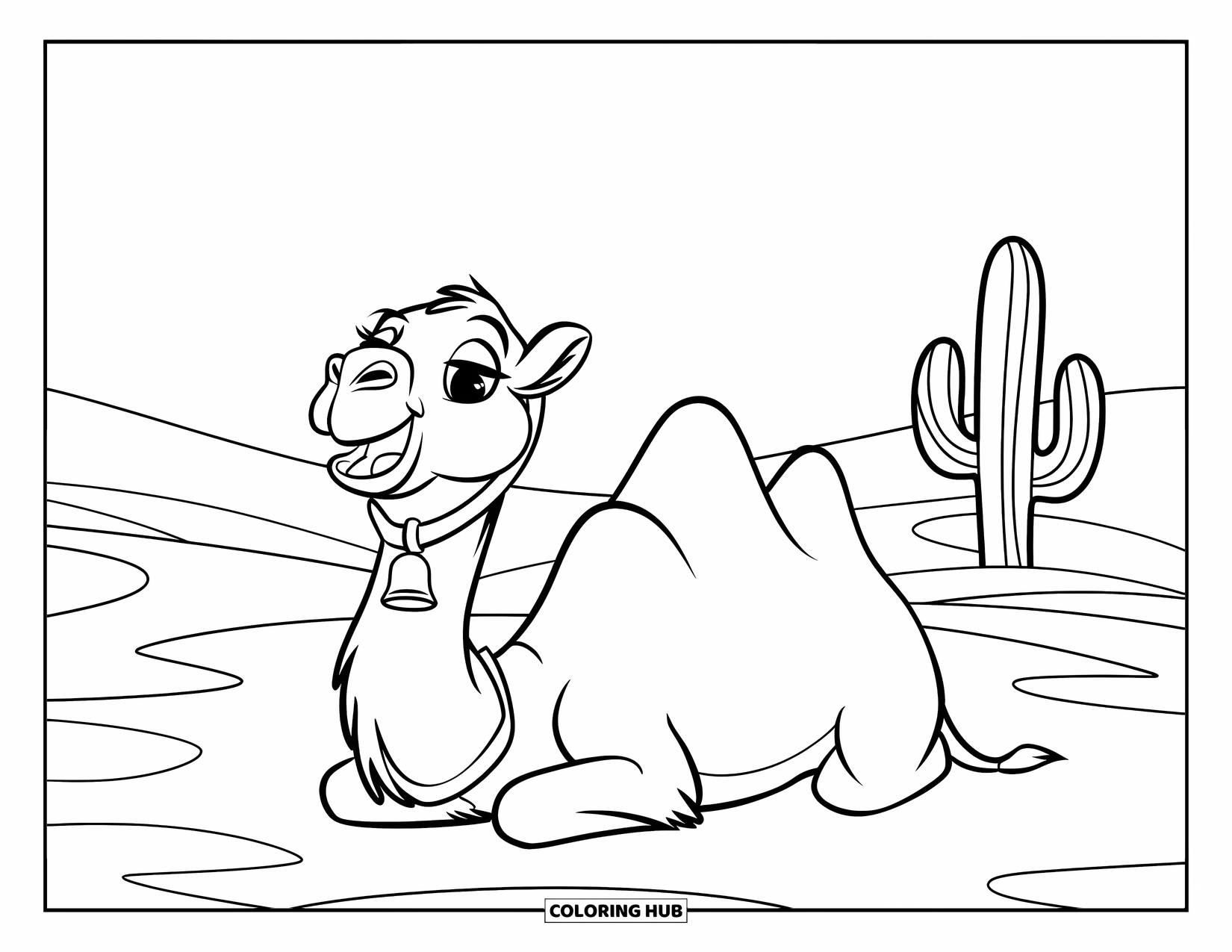 Camel Coloring Page for Kids: Joyful camel with bell resting near cactus in rolling desert dunes